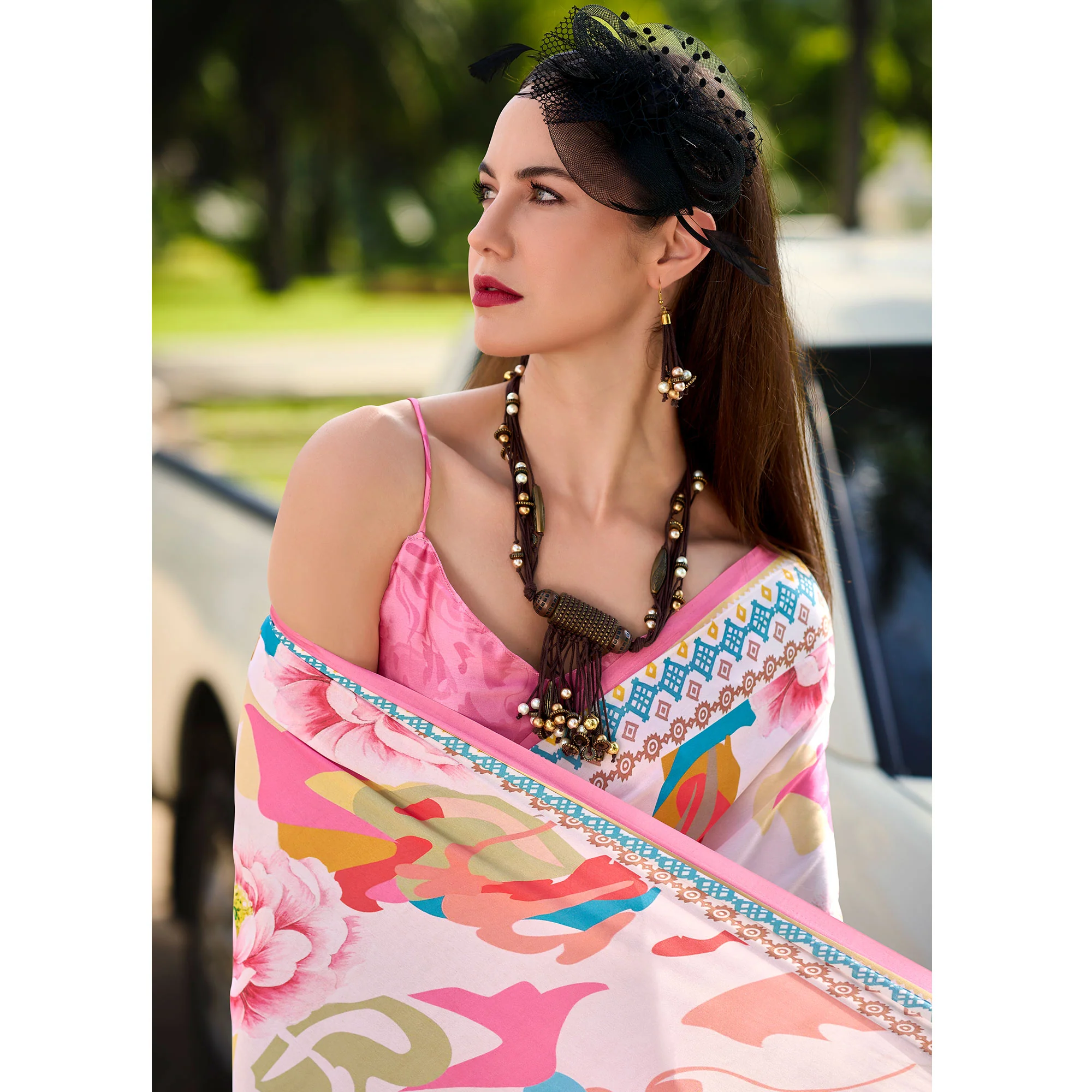 Light Pink Floral Digital Printed Pure Satin Saree - Image 3