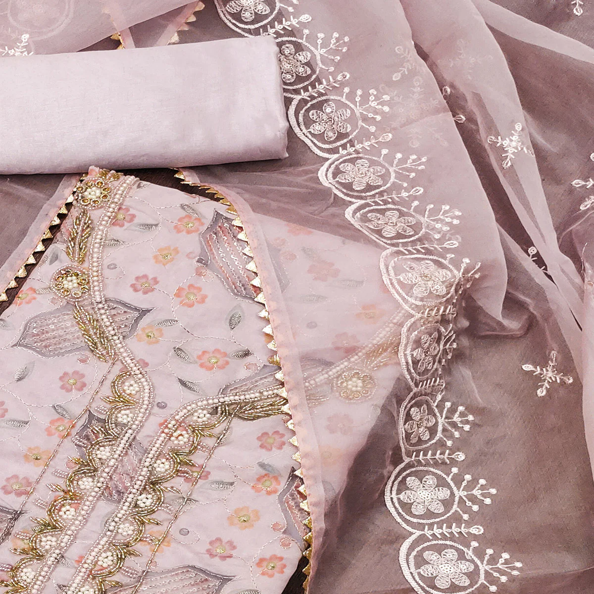 Light Pink Floral Embroidered With Handwork Organza Dress Material - Image 2