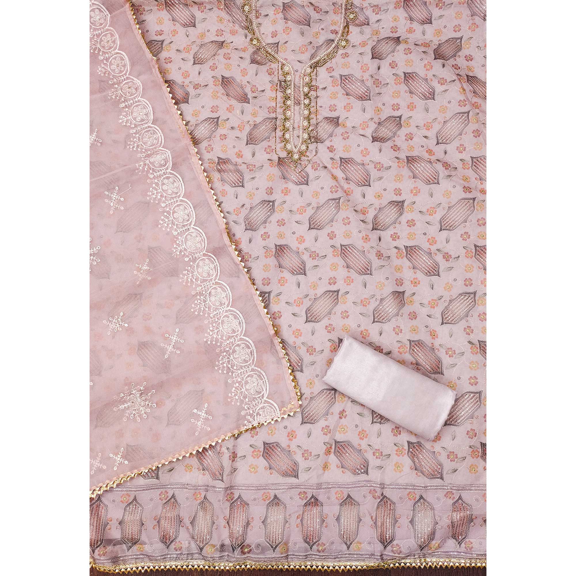 Light Pink Floral Embroidered With Handwork Organza Dress Material - Image 4