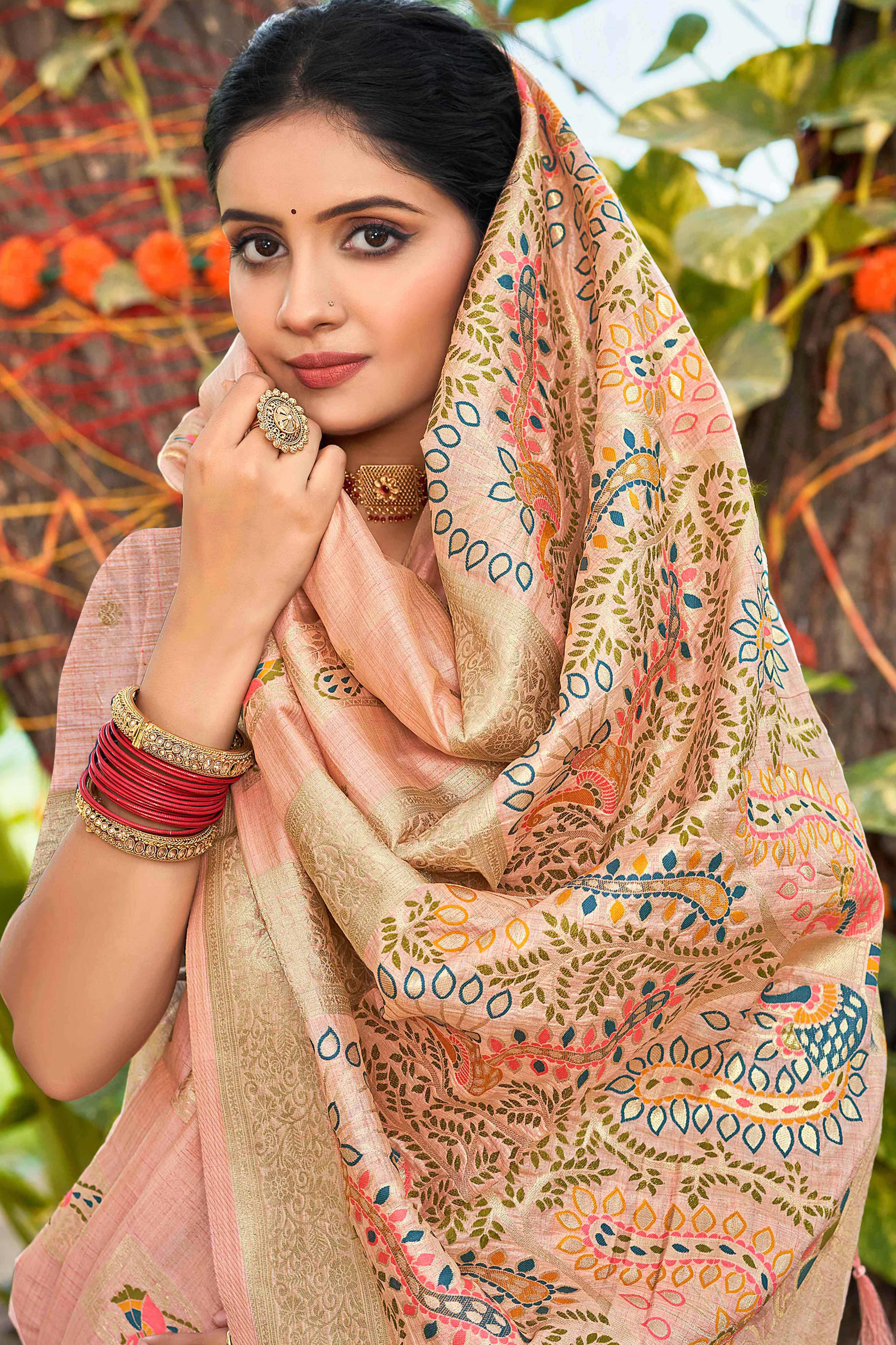 Light Pink Floral & Peacock Motif Zari Woven Assam Silk Blend Saree With Graceful Tassel Pallu - Image 3