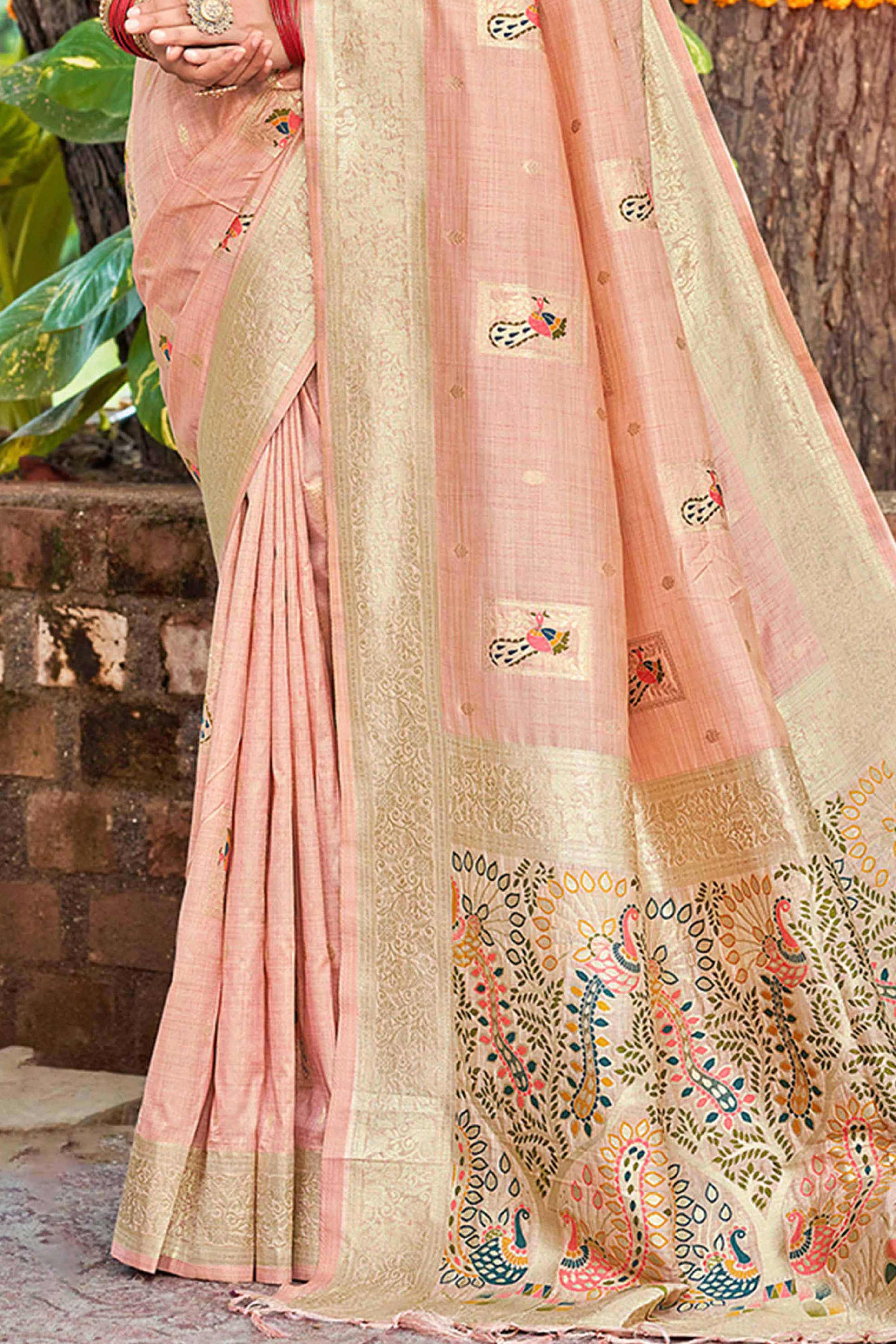 Light Pink Floral & Peacock Motif Zari Woven Assam Silk Blend Saree With Graceful Tassel Pallu - Image 5