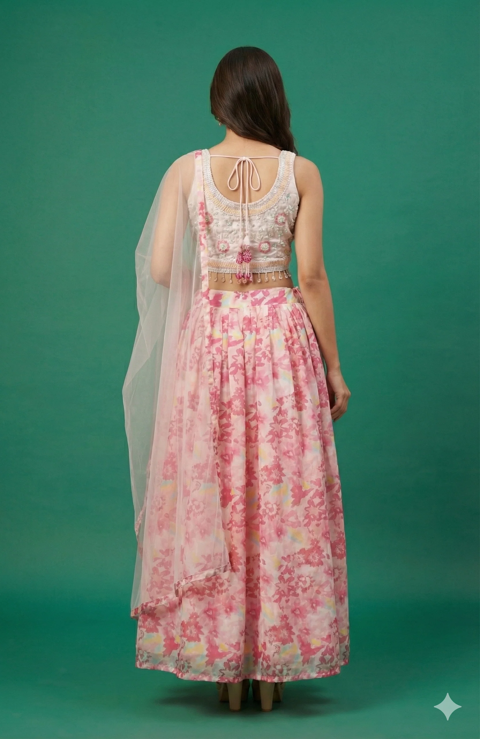 Light Pink Floral Printed Georgette Lehenga Choli With Embroidered Blouse & Net Dupatta - Image 3