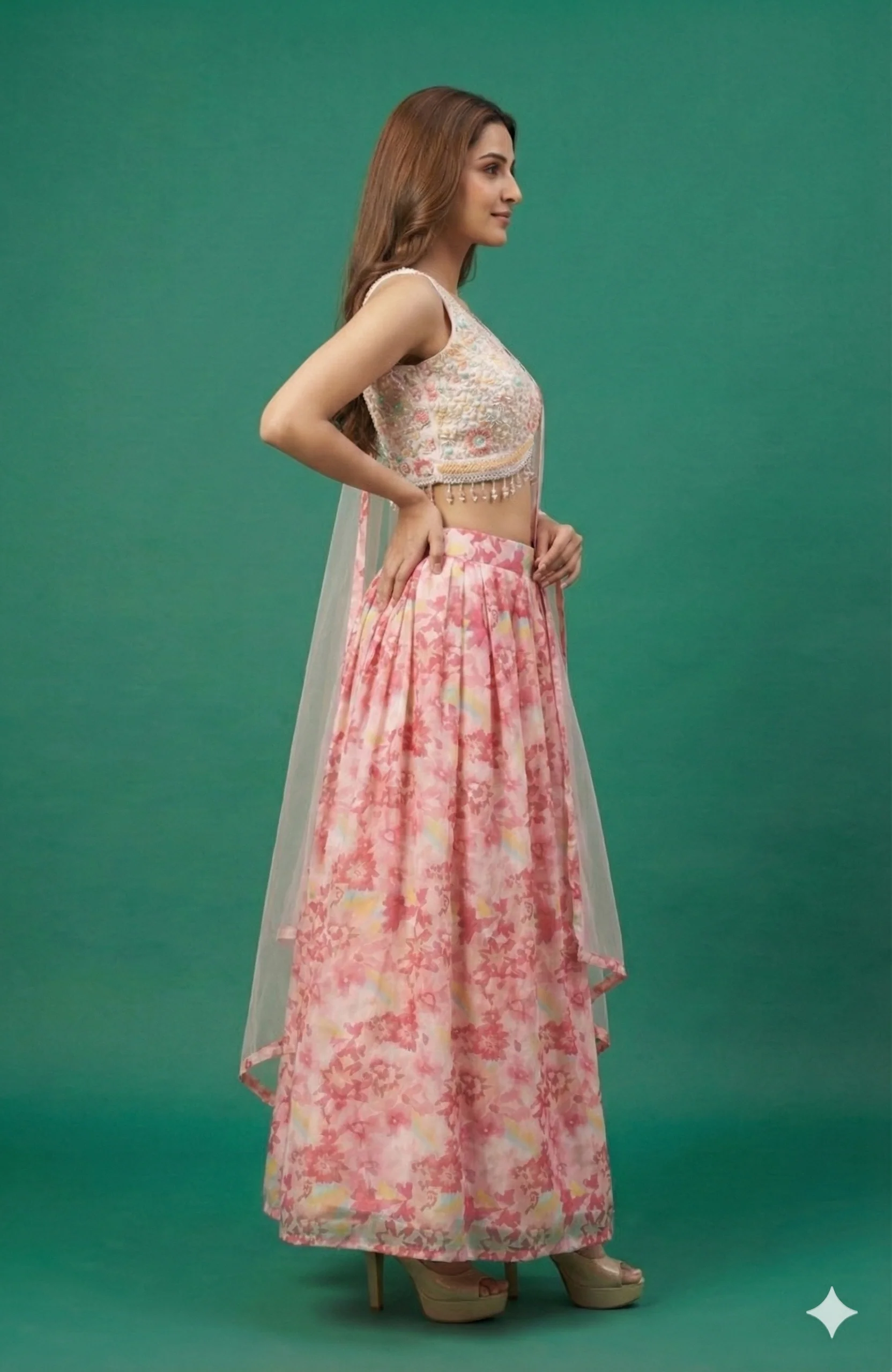 Light Pink Floral Printed Georgette Lehenga Choli With Embroidered Blouse & Net Dupatta - Image 4