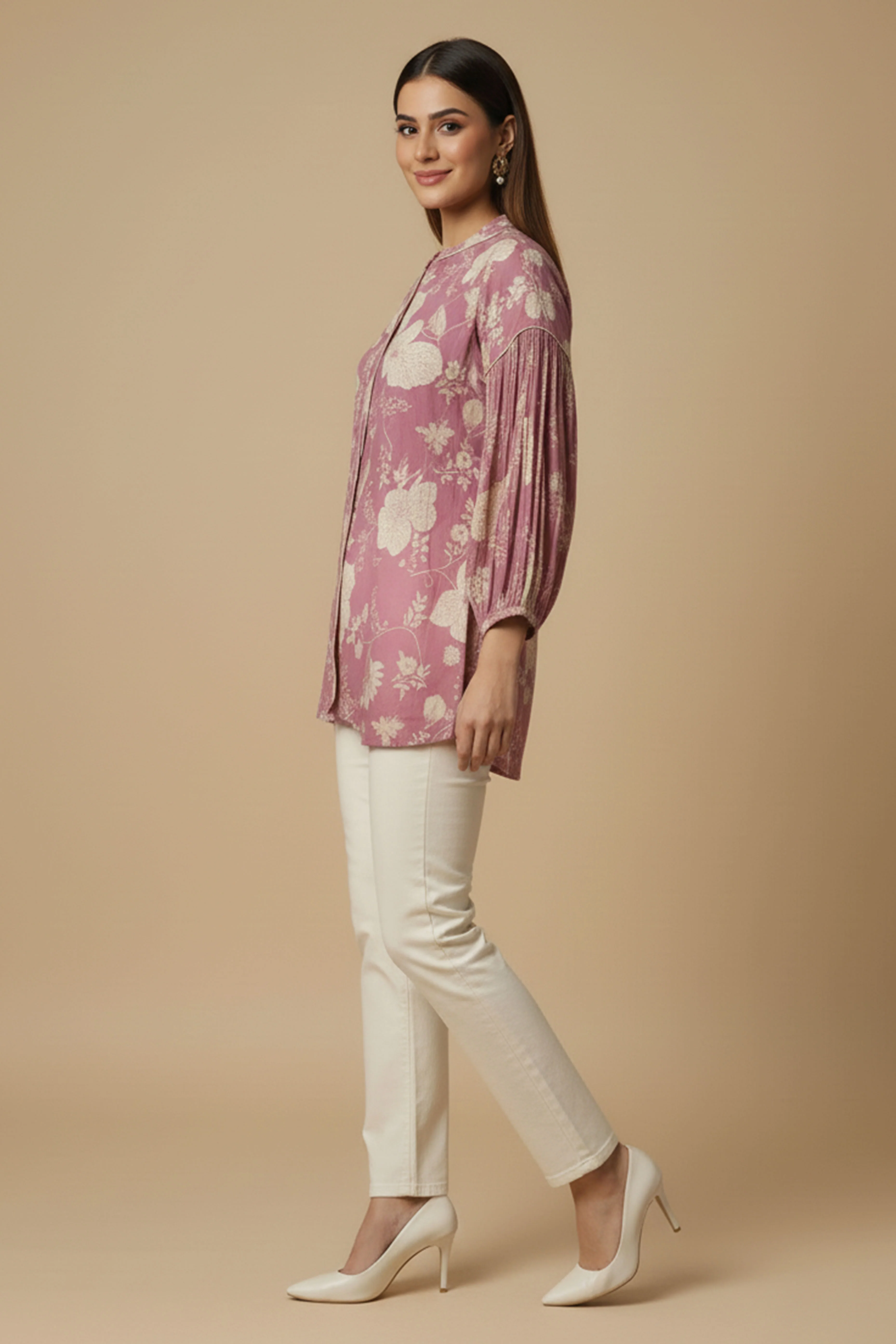Light Pink Floral Printed Muslin Straight Top Perfect for Everyday Fashion - Image 4