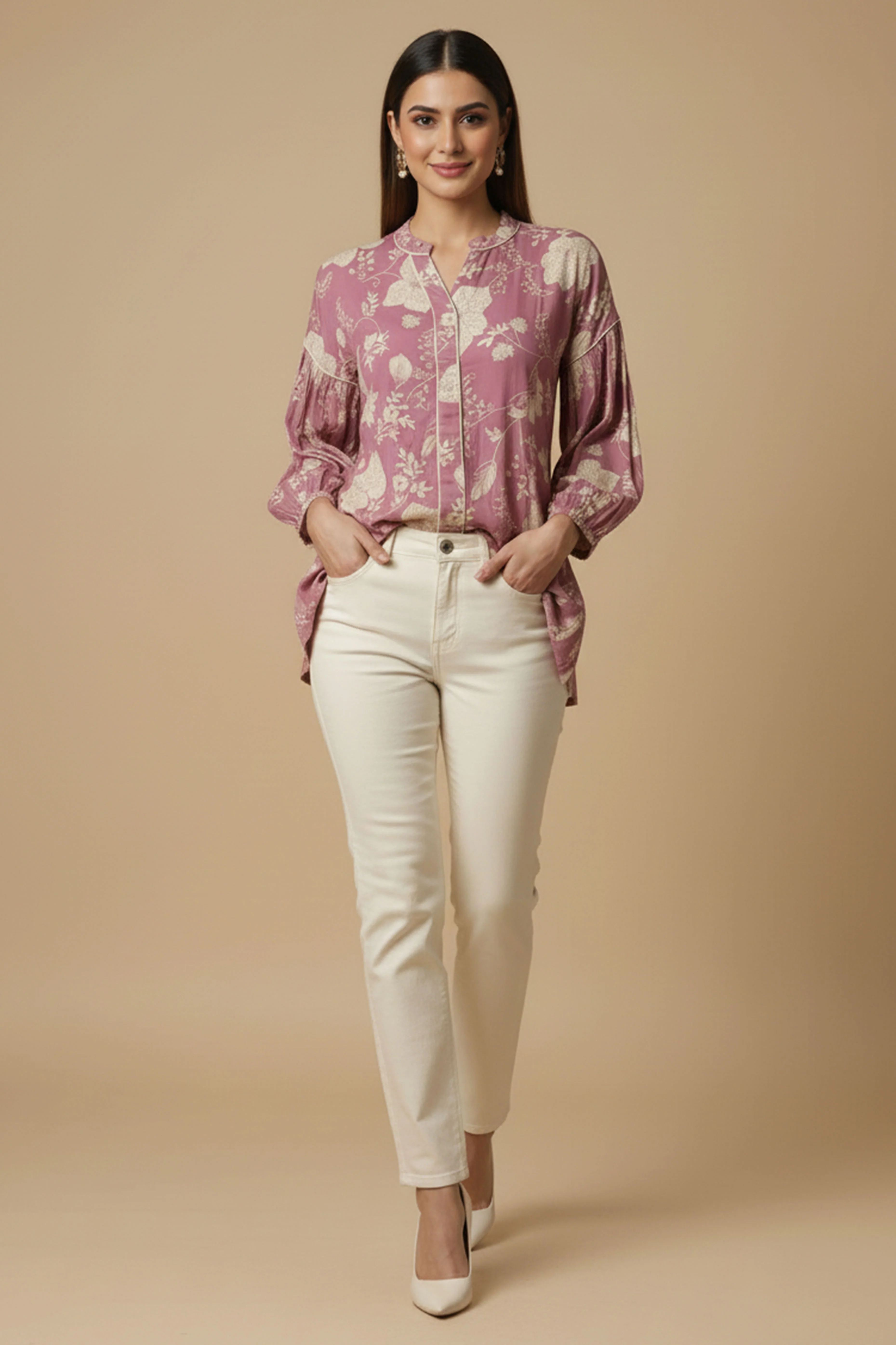 Light Pink Floral Printed Muslin Straight Top Perfect for Everyday Fashion - Image 5