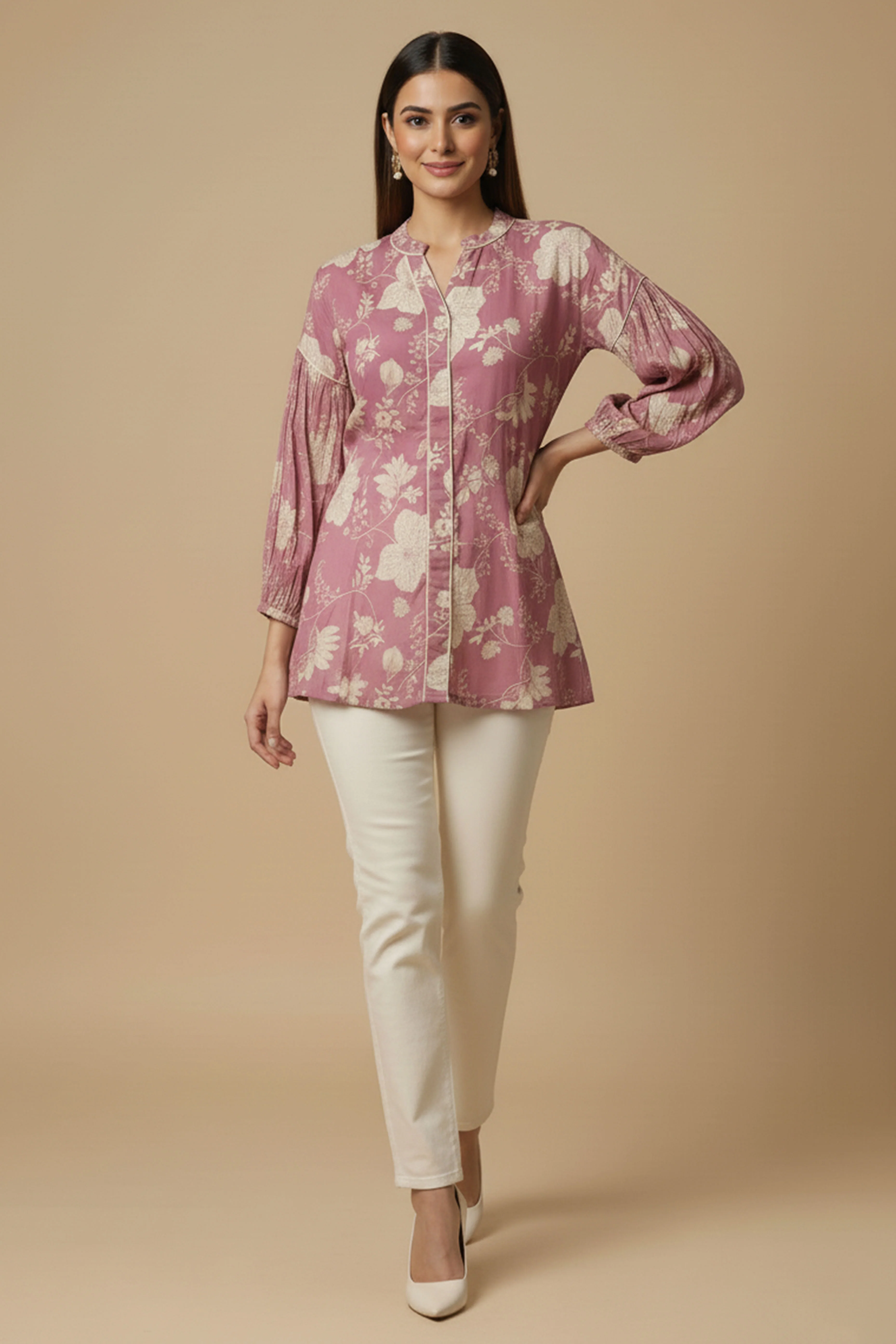 Light Pink Floral Printed Muslin Straight Top Perfect for Everyday Fashion - Image 6