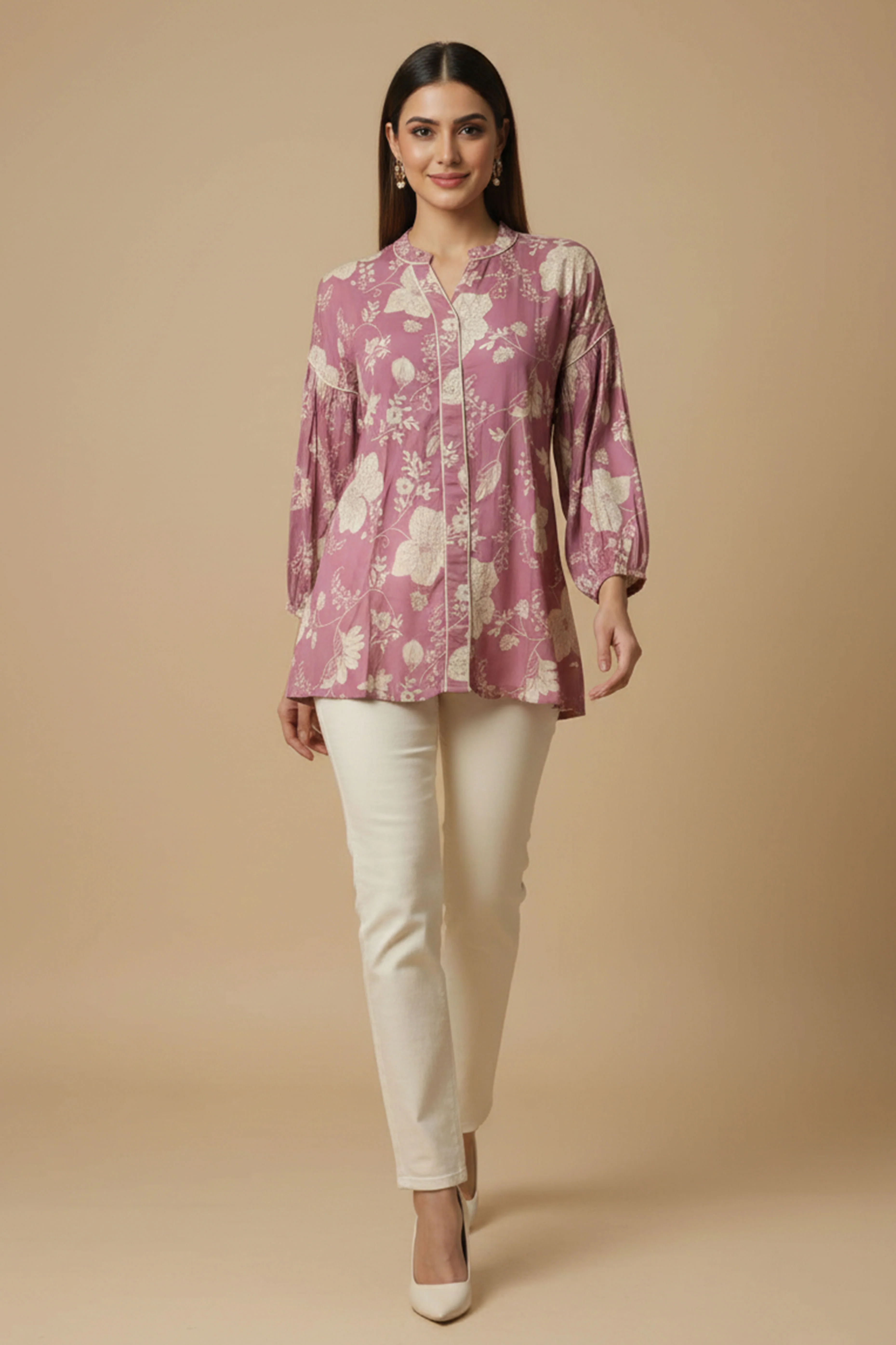 Light Pink Floral Printed Muslin Straight Top Perfect for Everyday Fashion - Image 7