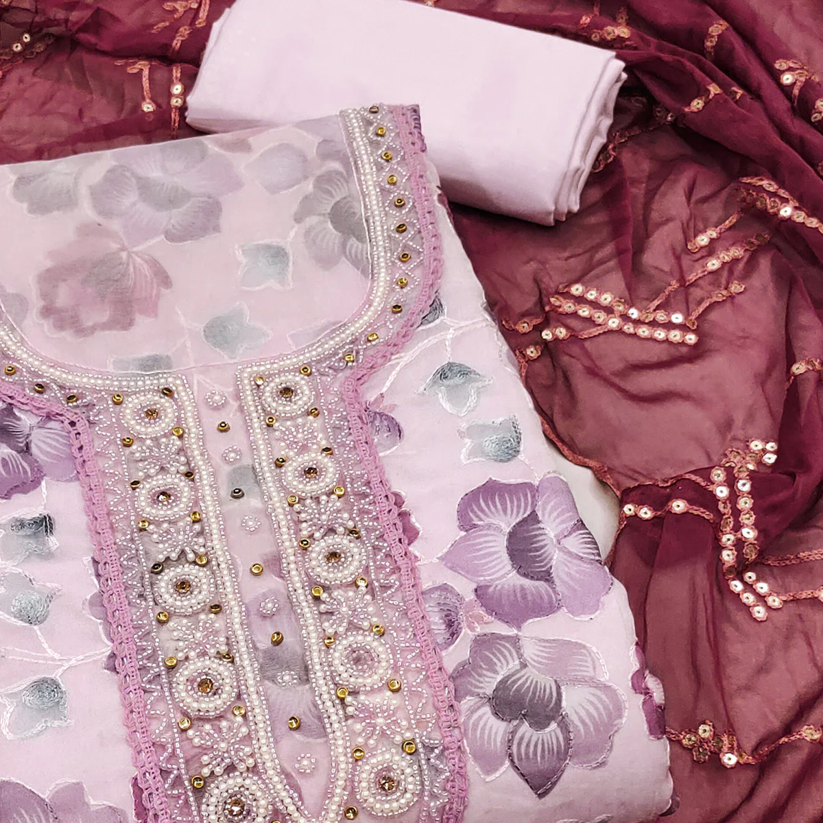 Light Pink Hand Embroidery With Digital Printed Organza Dress Material - Image 2