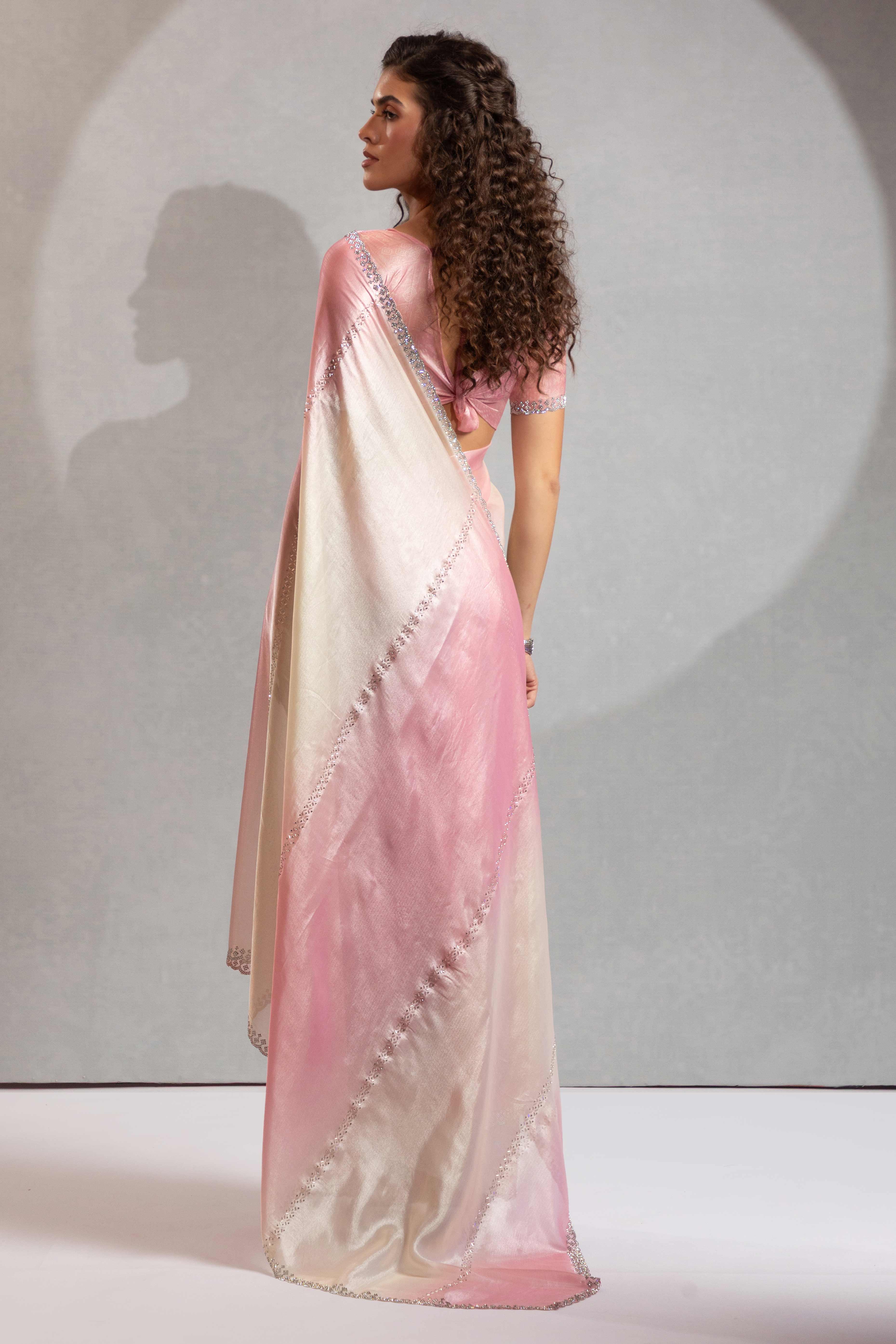 Light Pink & Off White Satin Silk Saree Decorated With Stone Embellishments - Image 4