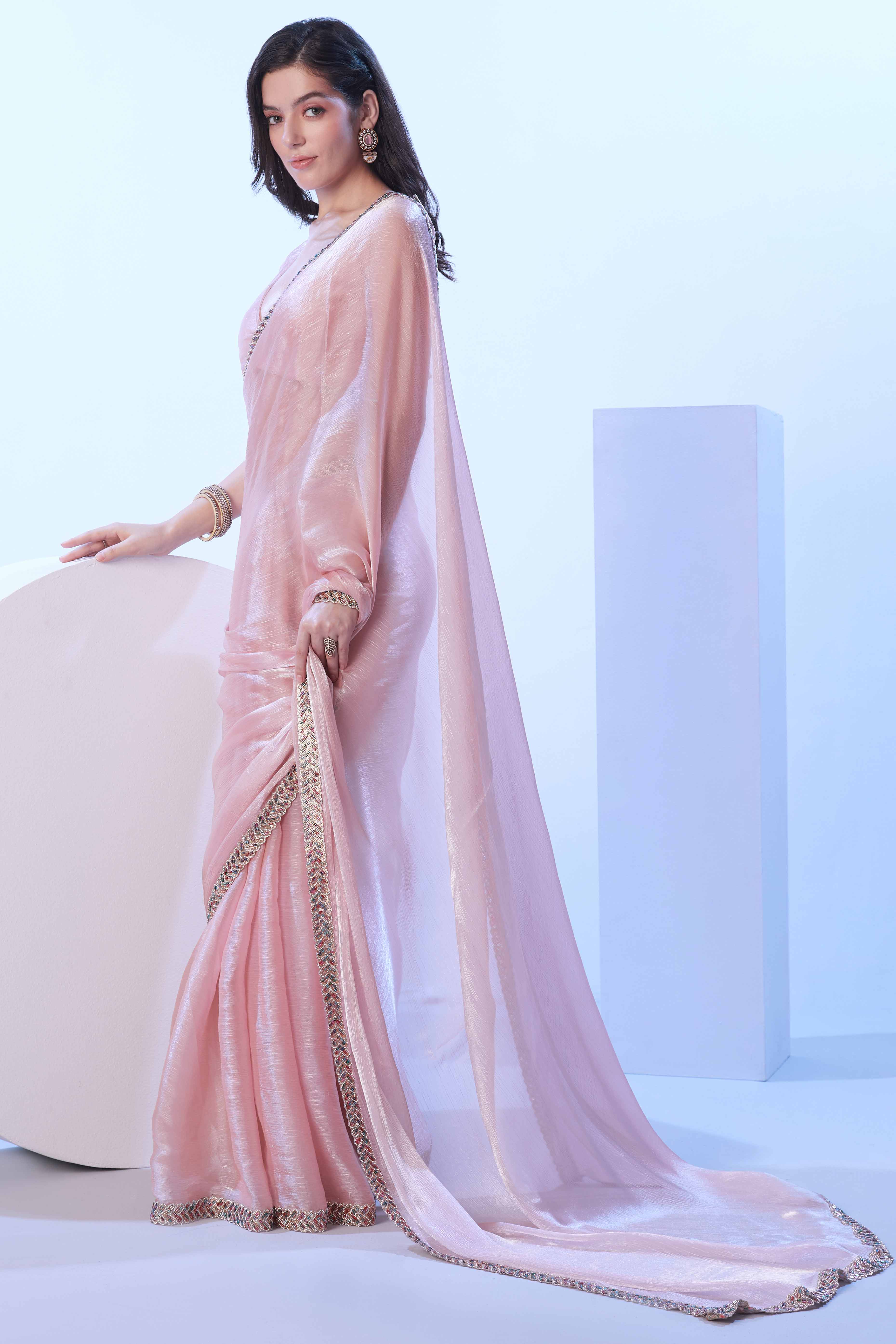 Light Pink Organza Embroidered Solid Saree with Delicate Embroidery - Image 4