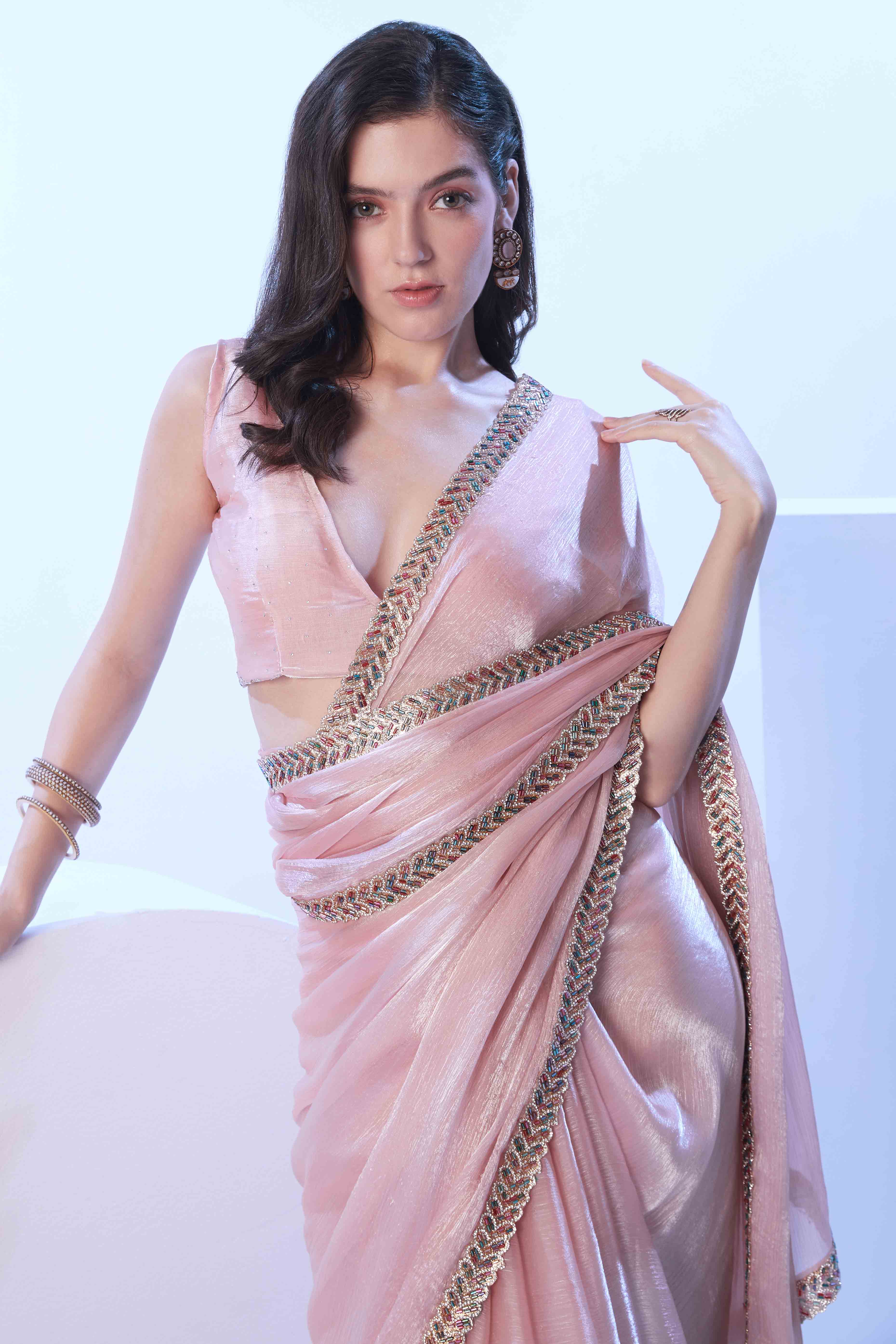 Light Pink Organza Embroidered Solid Saree with Delicate Embroidery - Image 6
