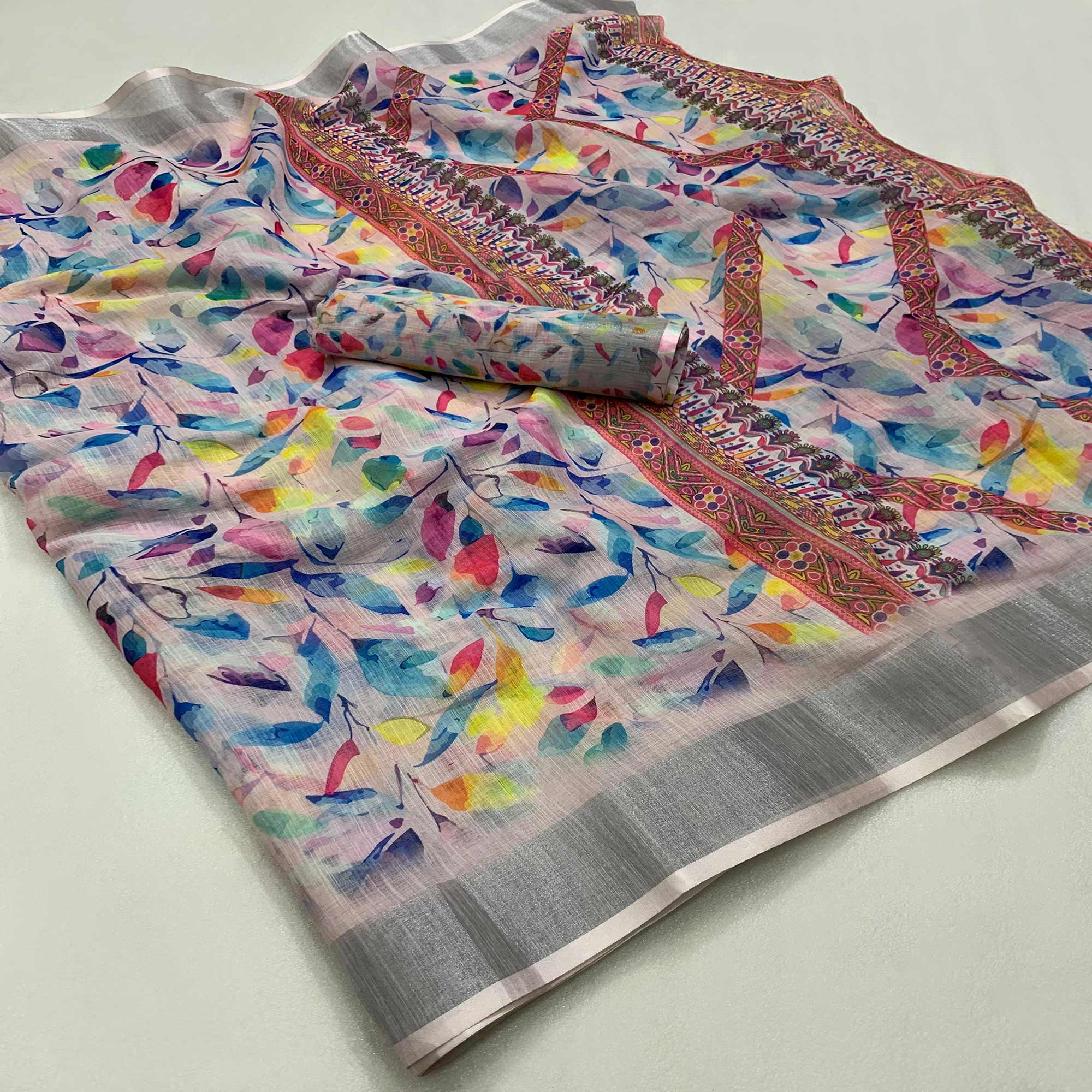 Light Pink Printed Soft Linen Saree - Image 3