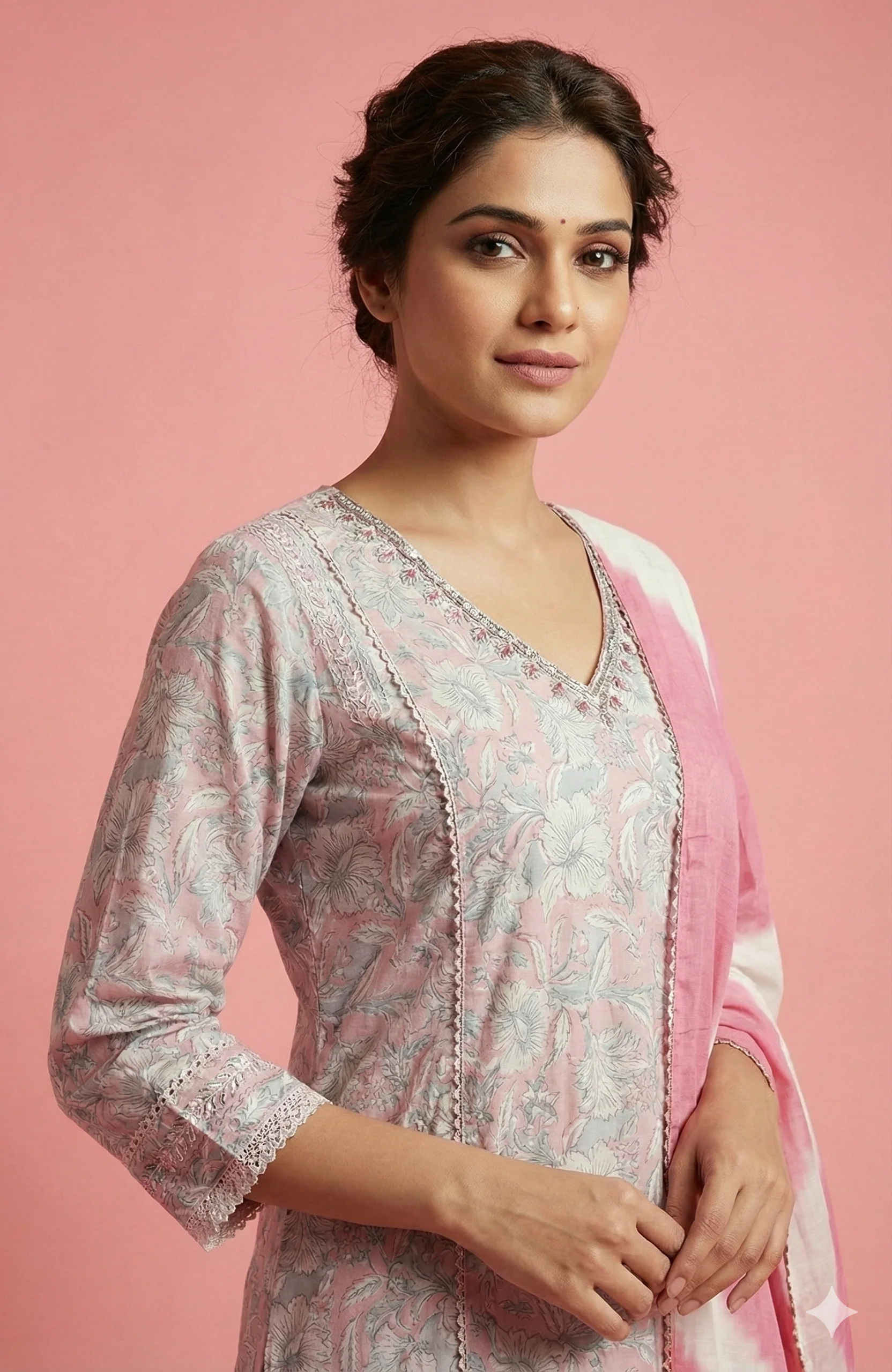 Light Pink Pure Cotton Straight Cut Salwar Suit Featuring Floral Prints and Handwork - Image 2