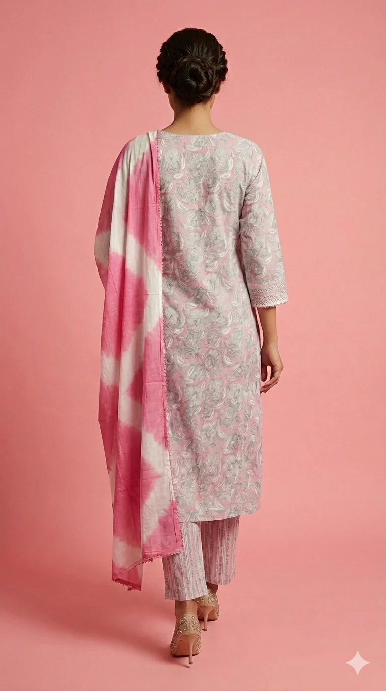 Light Pink Pure Cotton Straight Cut Salwar Suit Featuring Floral Prints and Handwork - Image 3