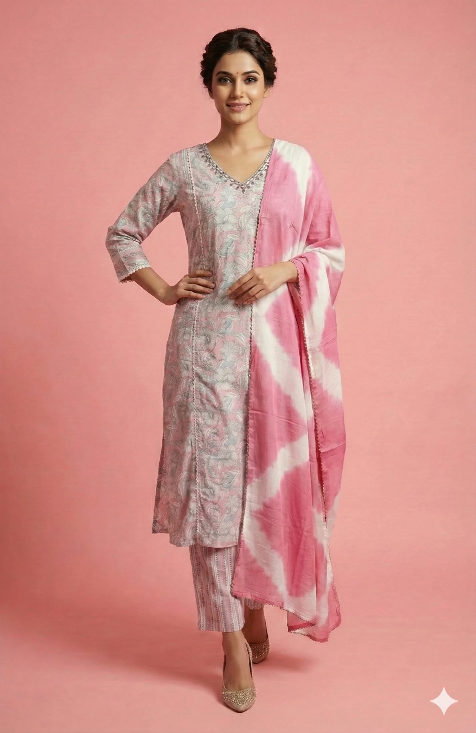 Light Pink Pure Cotton Straight Cut Salwar Suit Featuring Floral Prints and Handwork - Image 4