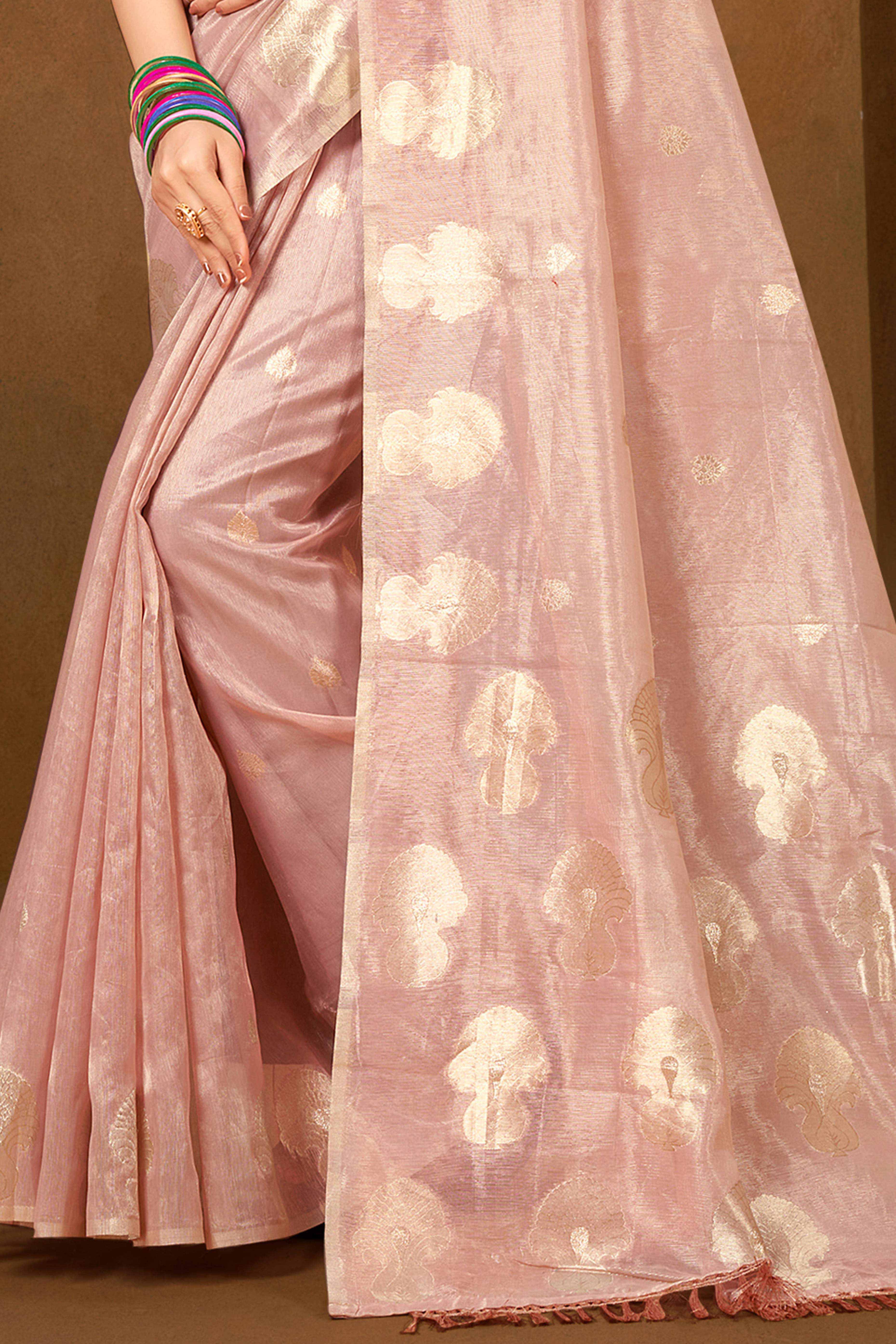 Light Pink Saree in Munga Kota Doria with Traditional Zari Weaving - Image 4