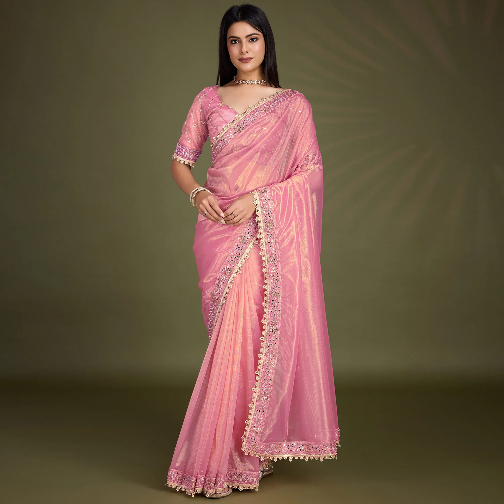 Light Pink Sequins Embroidery With Mirror Handwork Twill Net Saree - Image 2