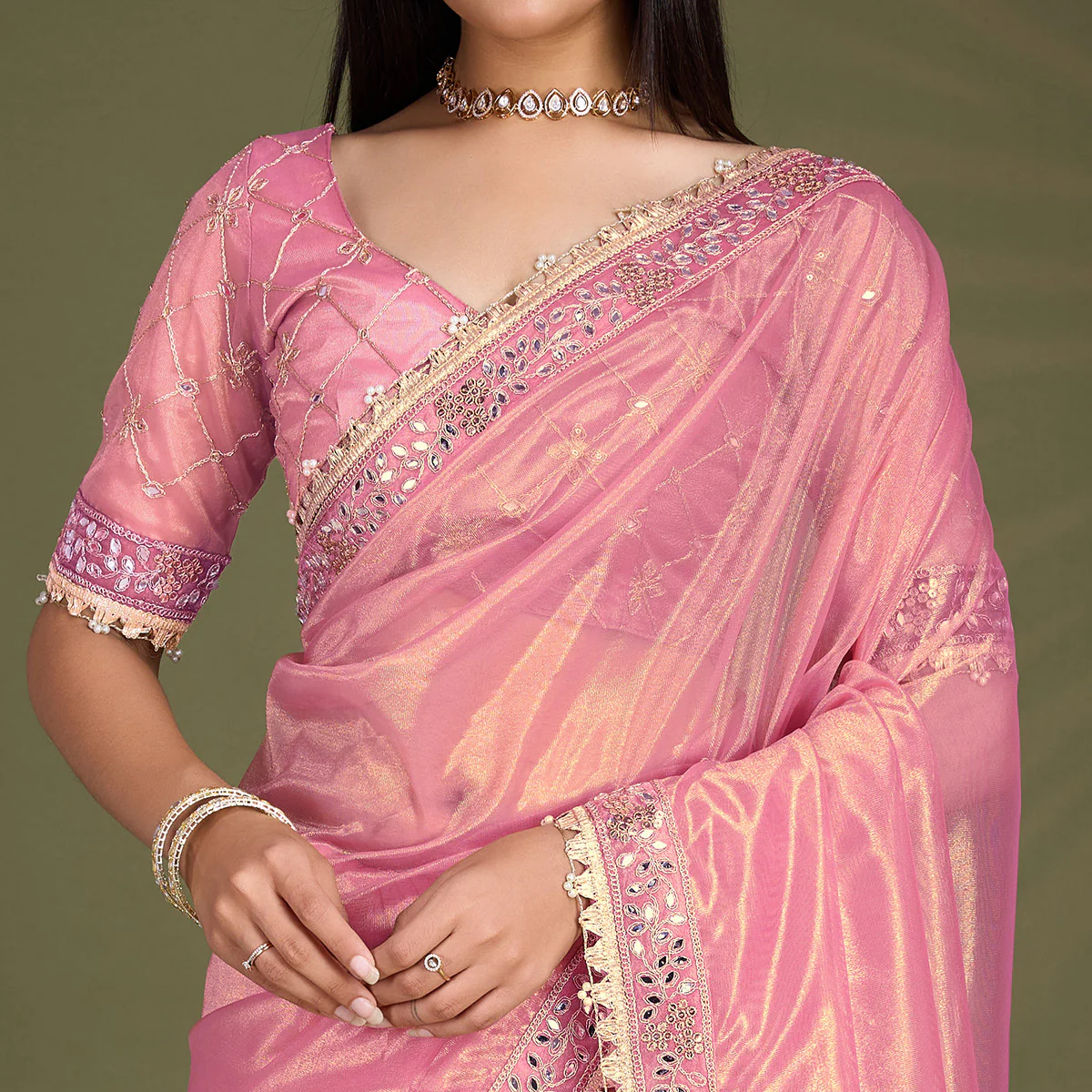 Light Pink Sequins Embroidery With Mirror Handwork Twill Net Saree - Image 3