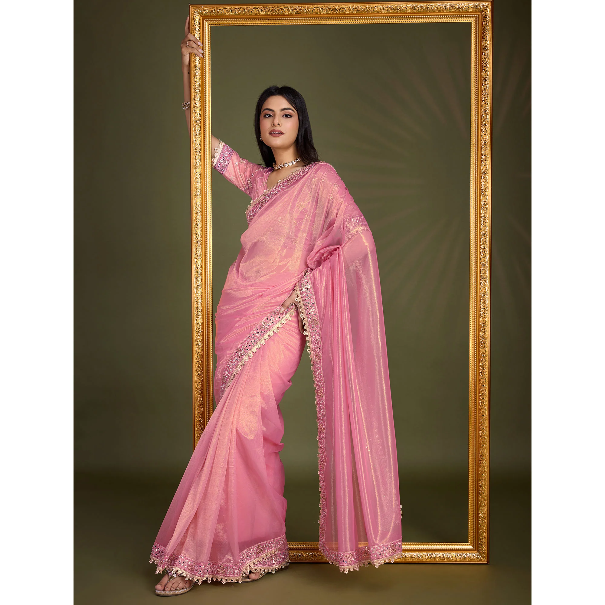 Light Pink Sequins Embroidery With Mirror Handwork Twill Net Saree - Image 4