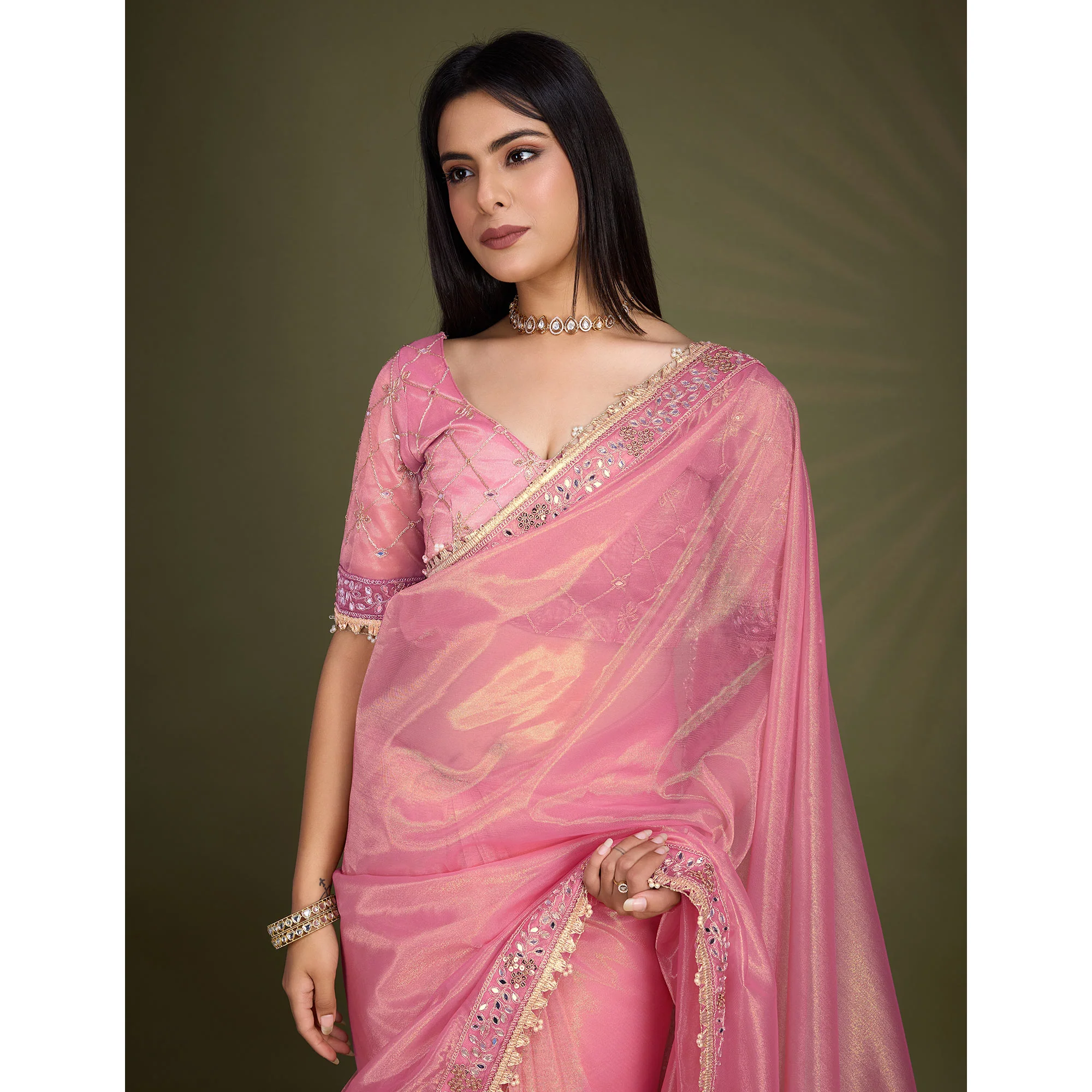 Light Pink Sequins Embroidery With Mirror Handwork Twill Net Saree - Image 7
