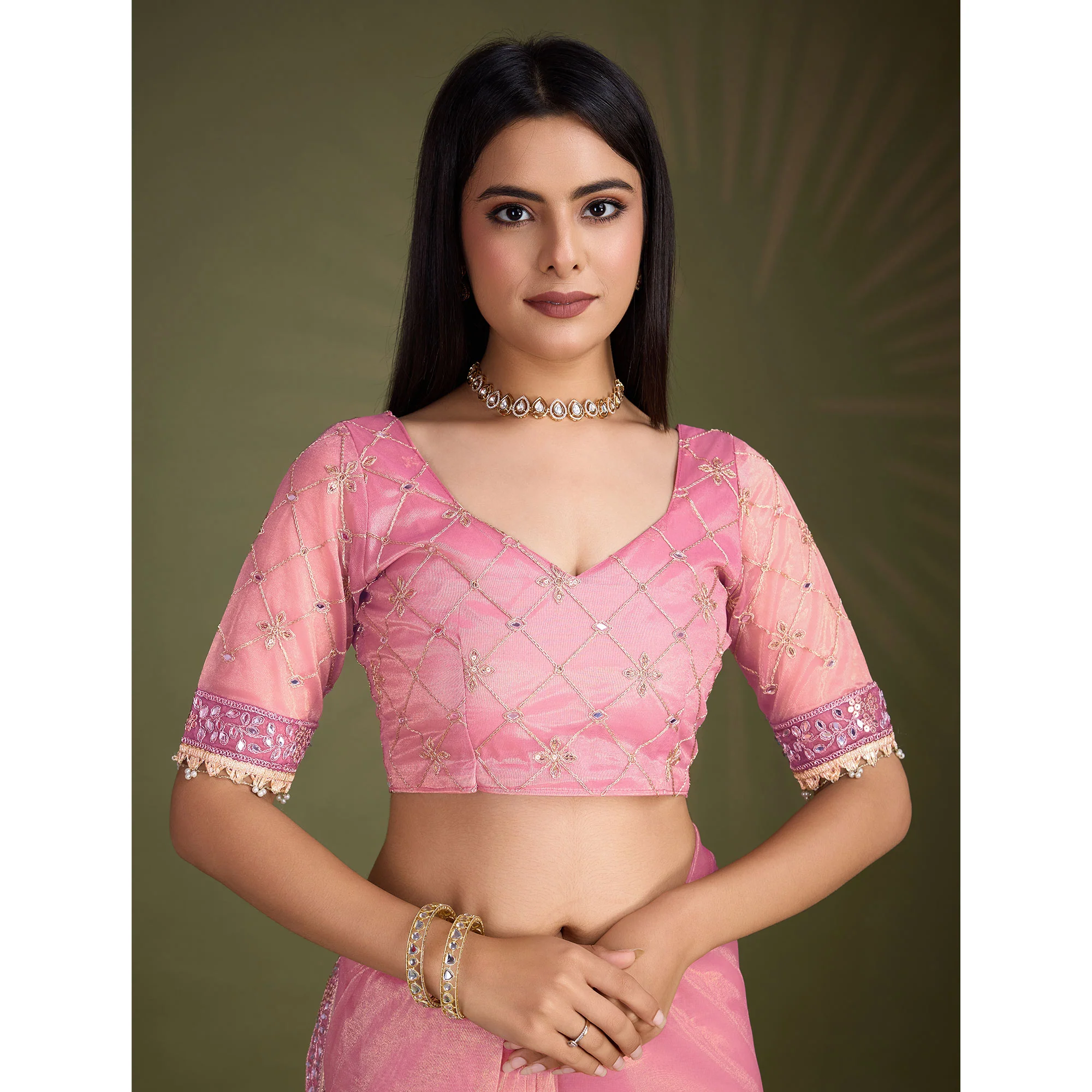 Light Pink Sequins Embroidery With Mirror Handwork Twill Net Saree - Image 9