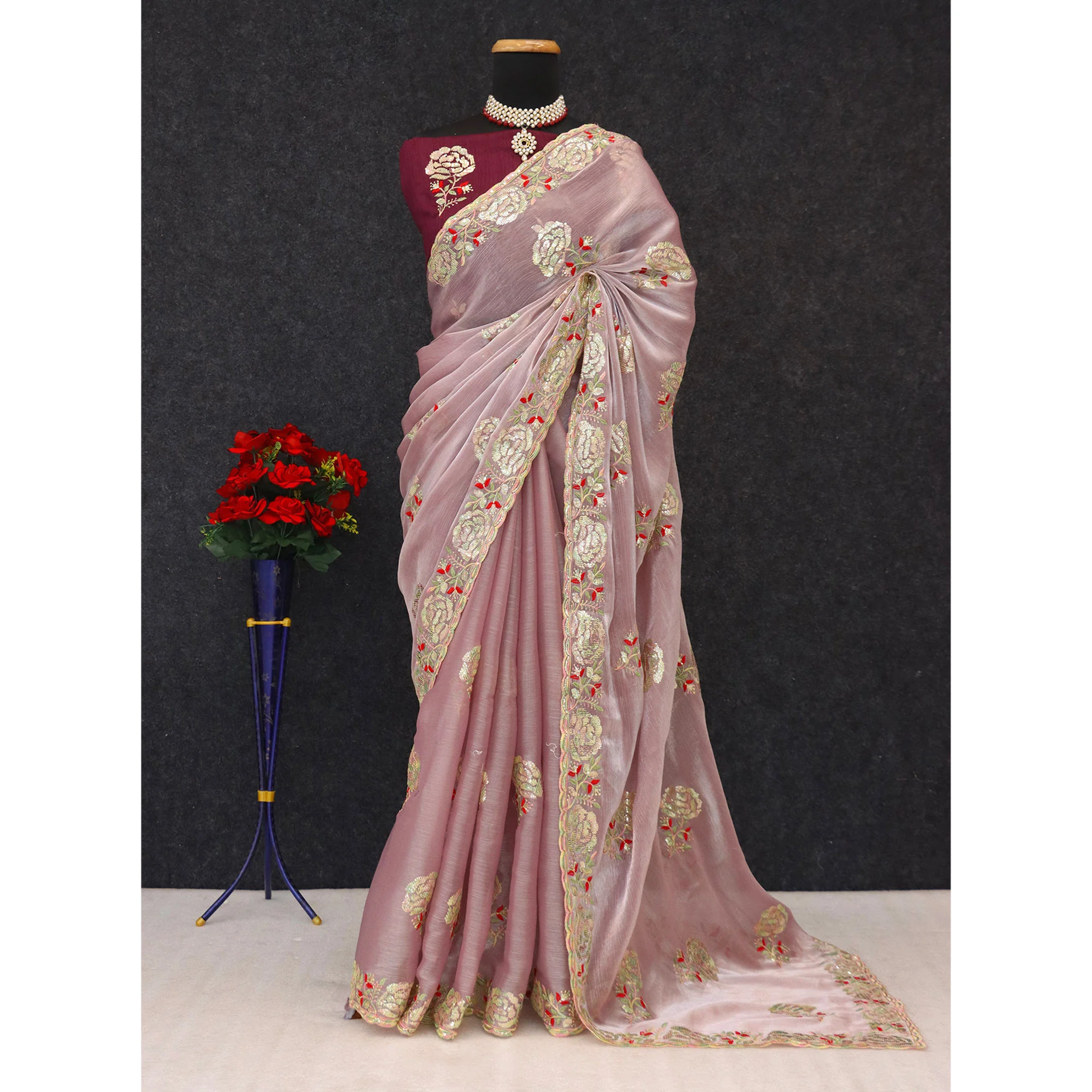 Light Pink Sequins Work Embroidered Chiffon Saree - Image 4