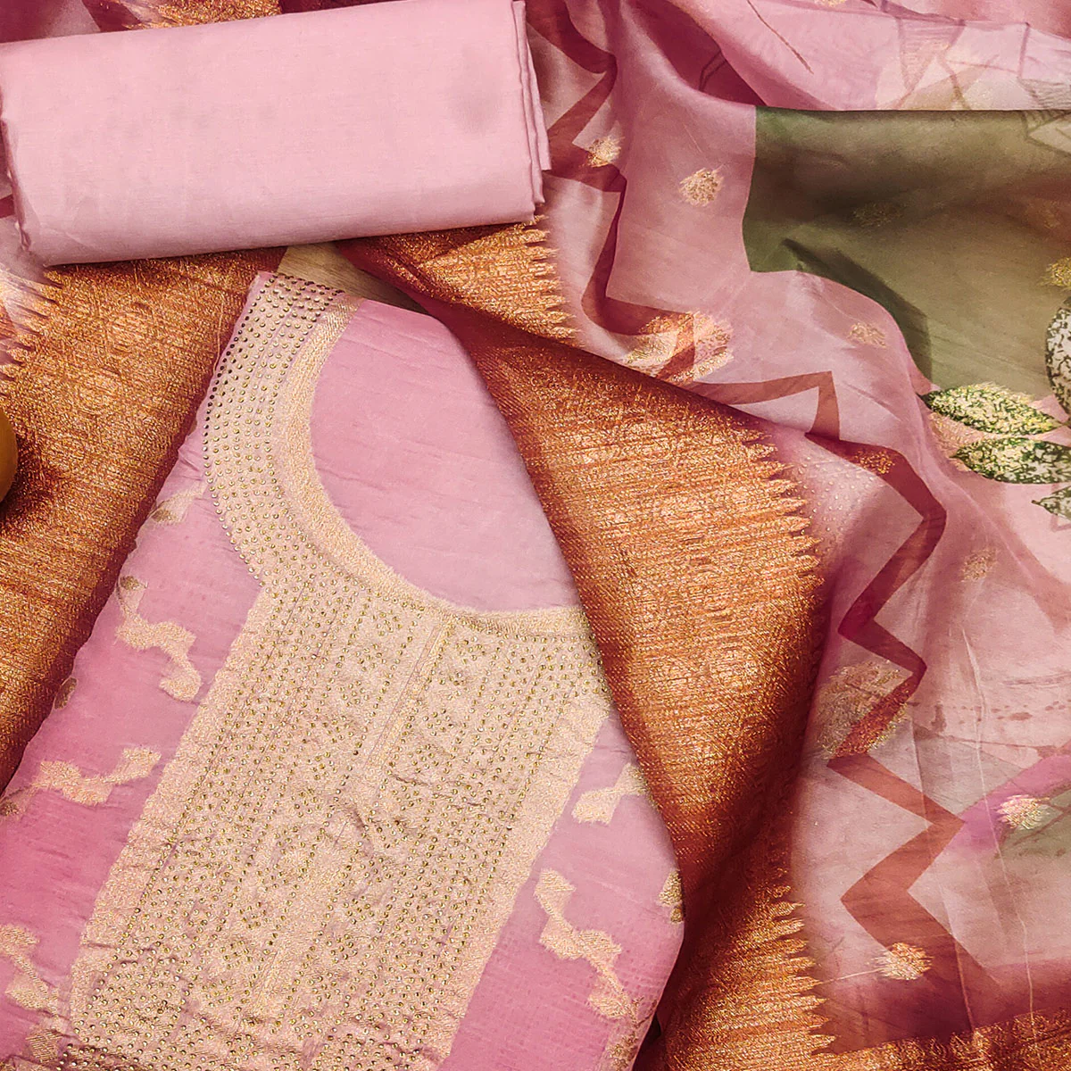 Light Pink Woven Work Organza Dress Material - Image 2