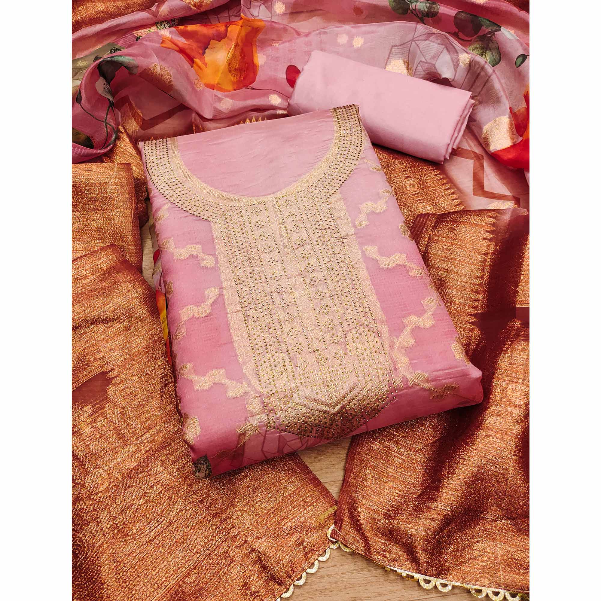 Light Pink Woven Work Organza Dress Material - Image 3