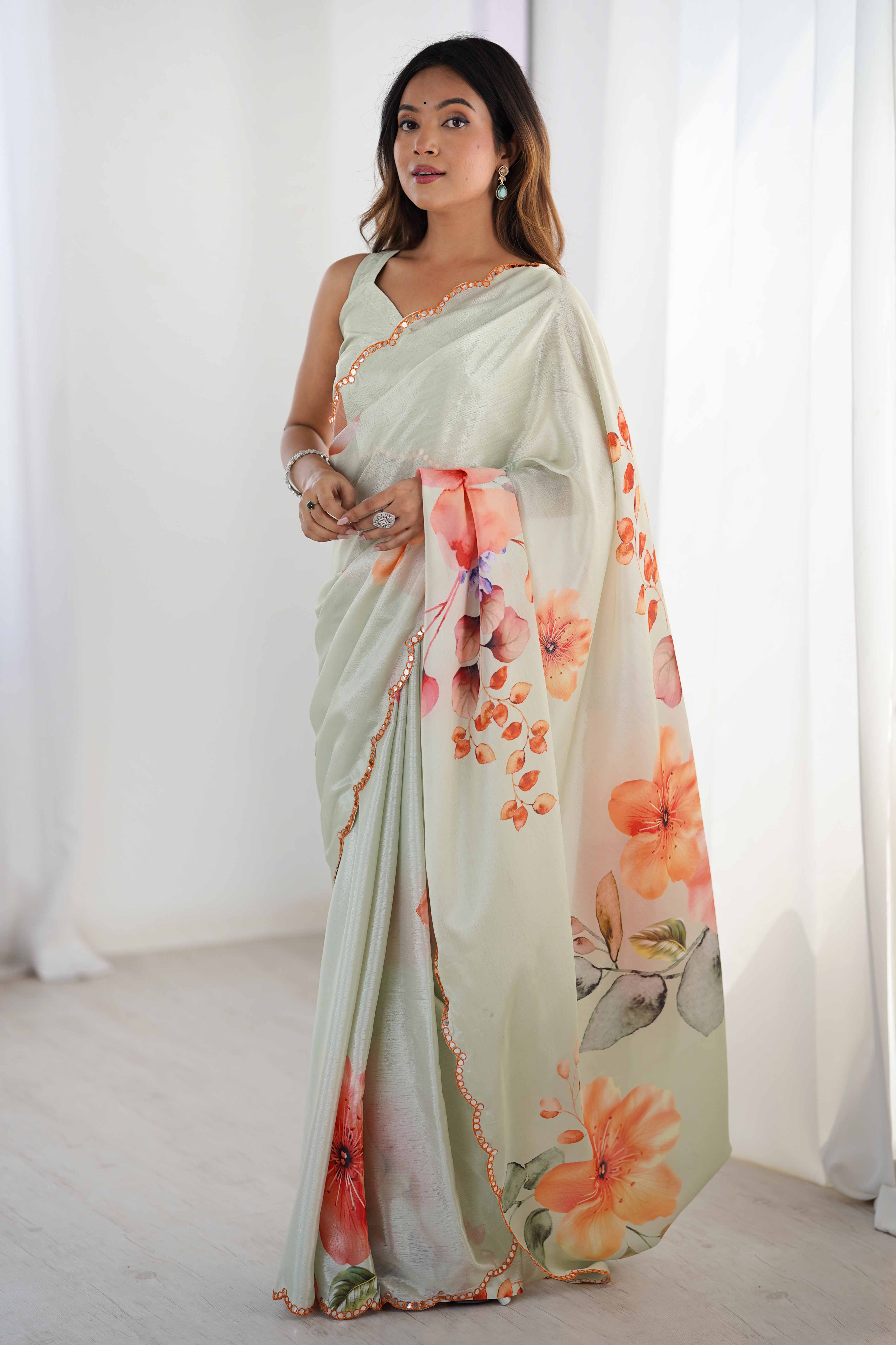 Light Pista Green Chinon Saree with Glimmering Mirror Work and Floral Prints - Image 6