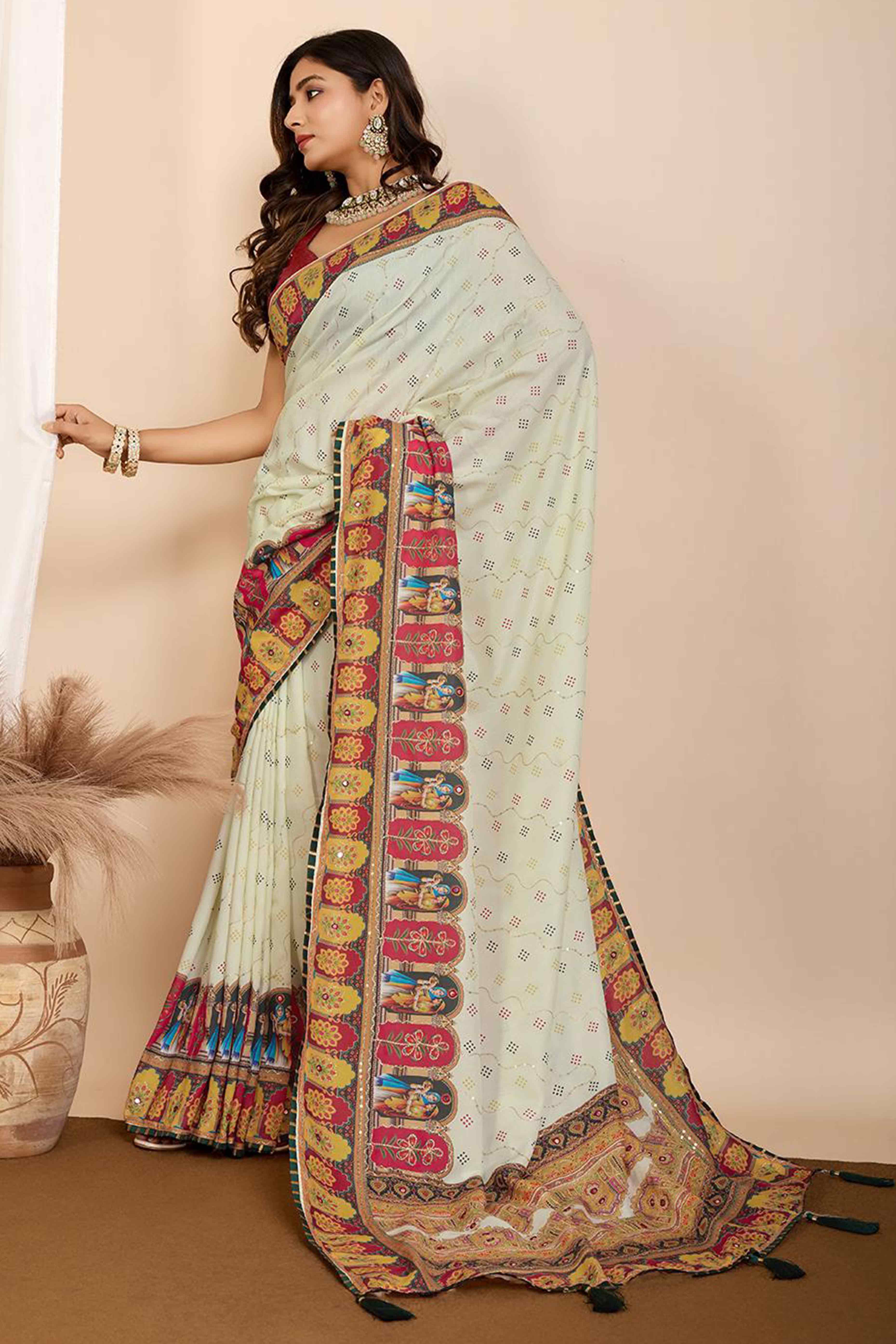 Light Pista Green Digital Printed With Mirror Embroidery Work Muslin Saree - Image 3