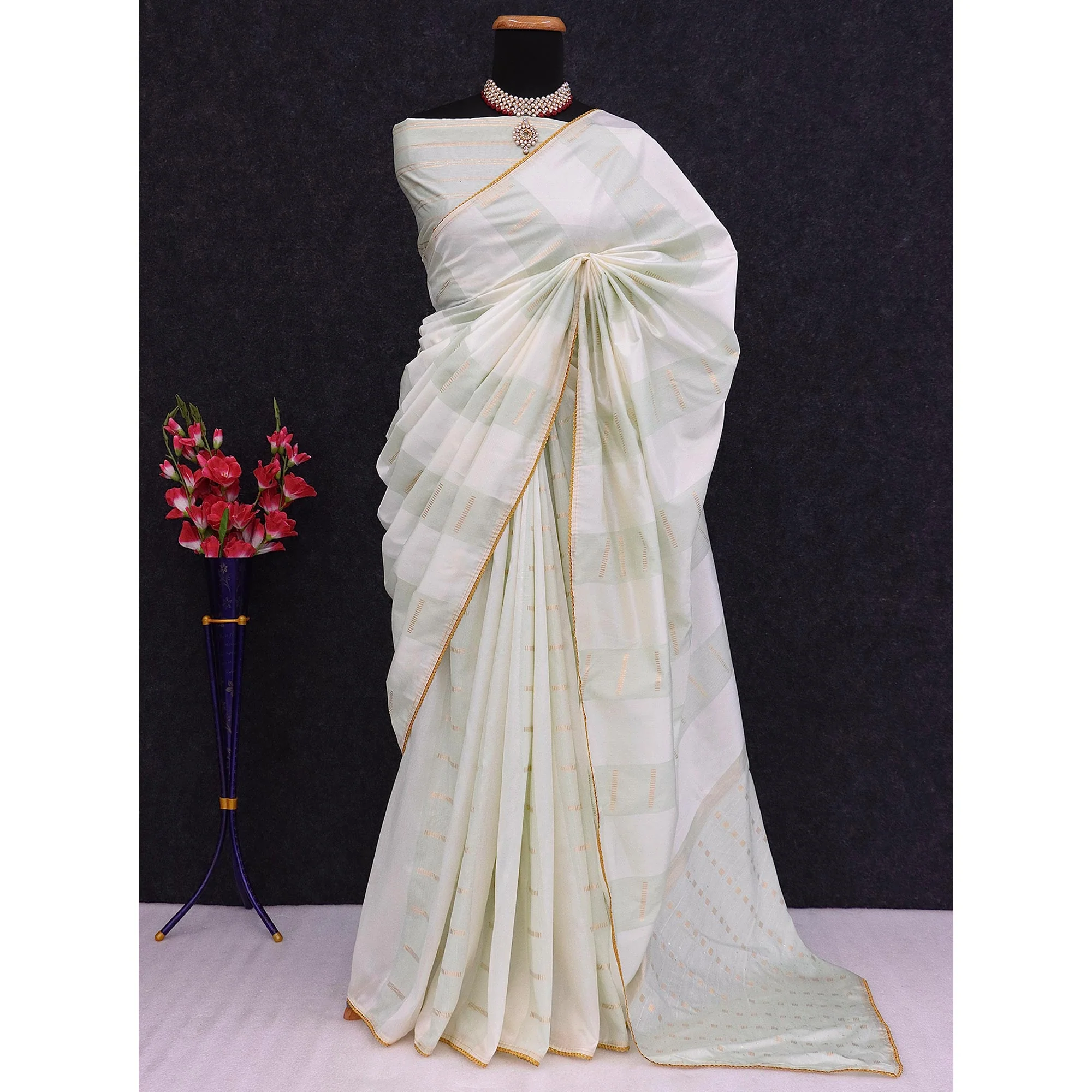 Light Pista Green Zari Woven With Sequins Work Tussar Silk Saree With Lace Border - Image 5