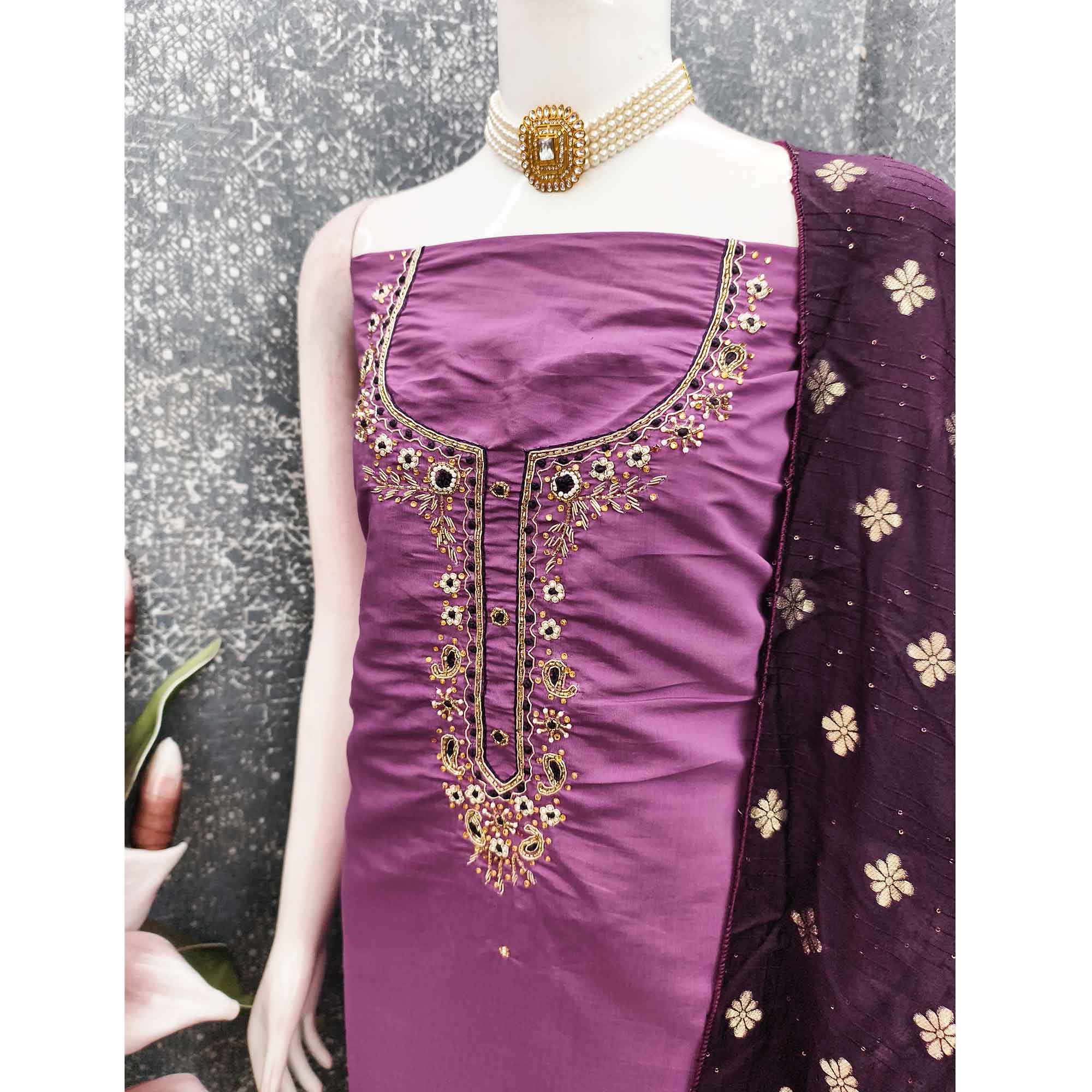 Light Purple Chanderi Silk Dress Material Featuring Intricate Beads & Stone Embroidery - Image 4