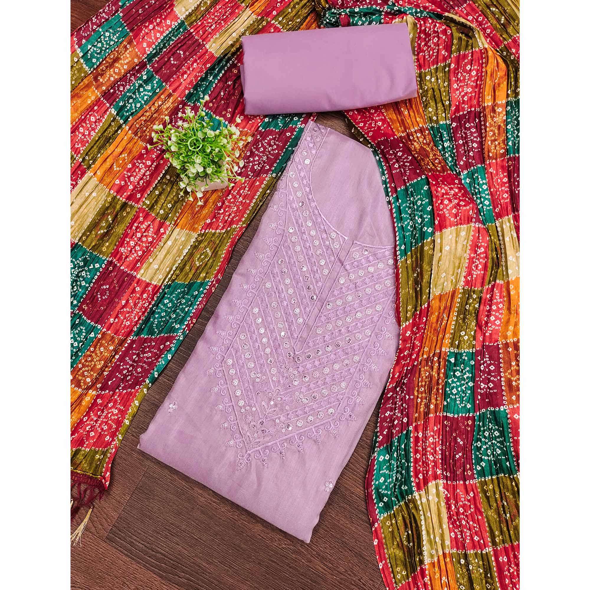 Light Purple Cotton Blend Suit Material with Soft Floral Embroidery - Image 3