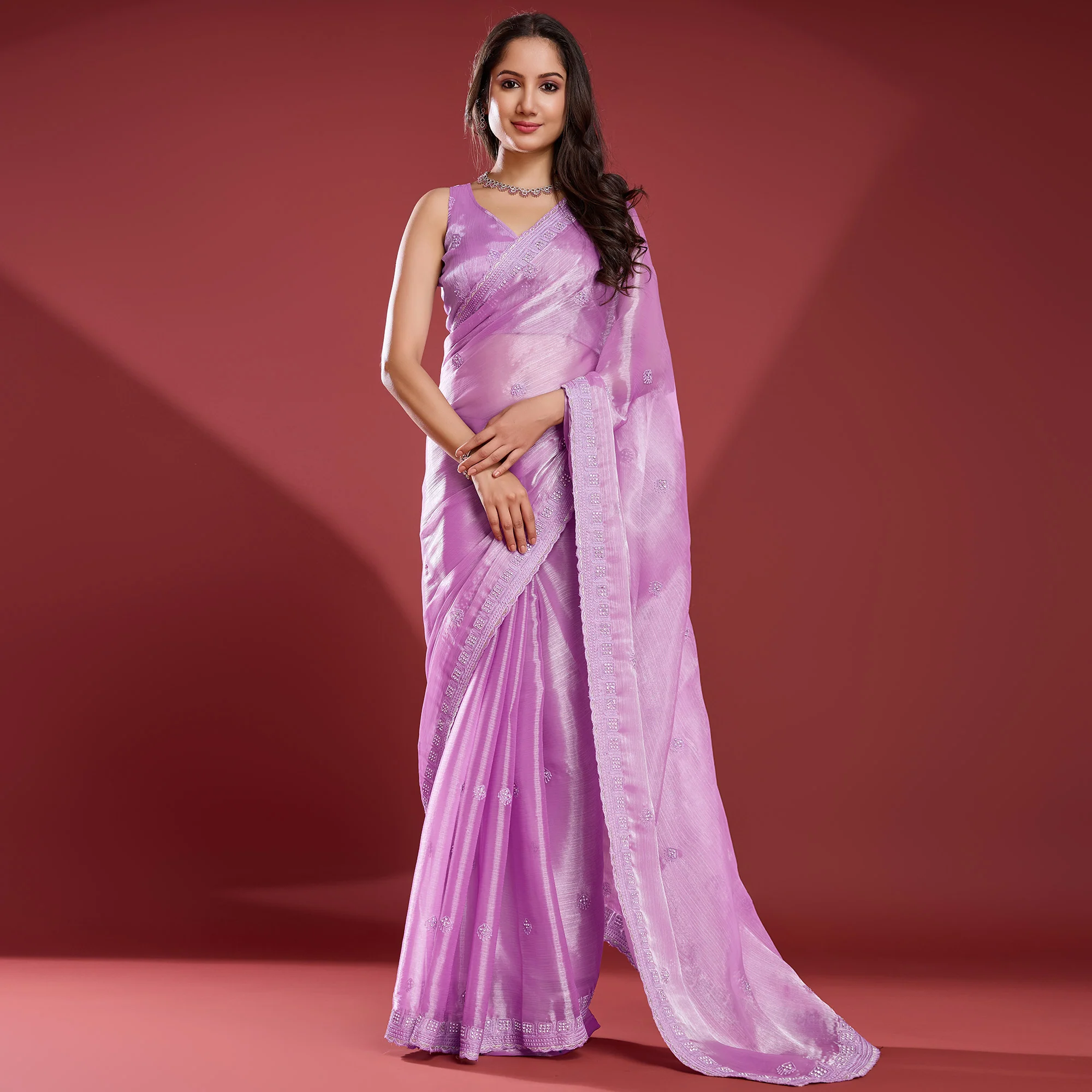 Light Purple Embroidered Work Tissue Saree - Image 2