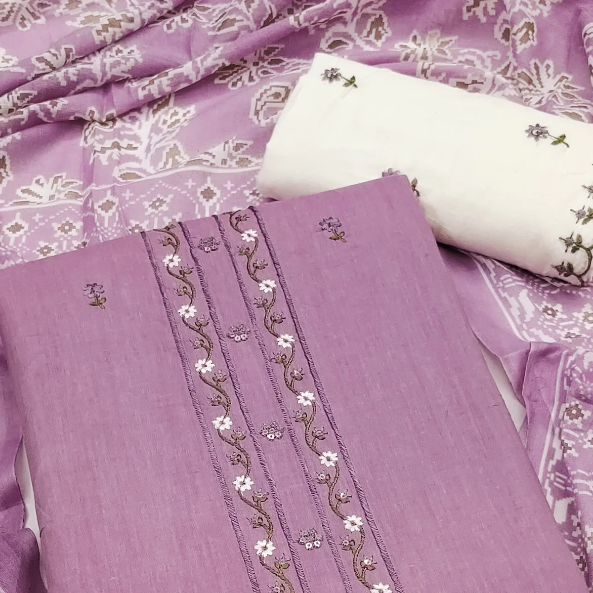 Light Purple Floral Embroidered Pure Cotton Dress Material - Image 2