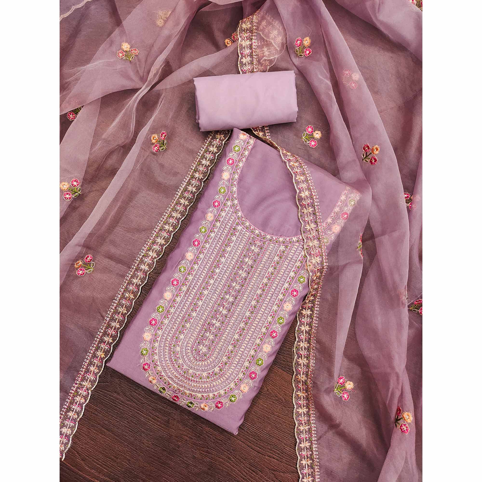 Light Purple Floral Embroidered Roman Cotton Silk Dress Material - Image 3