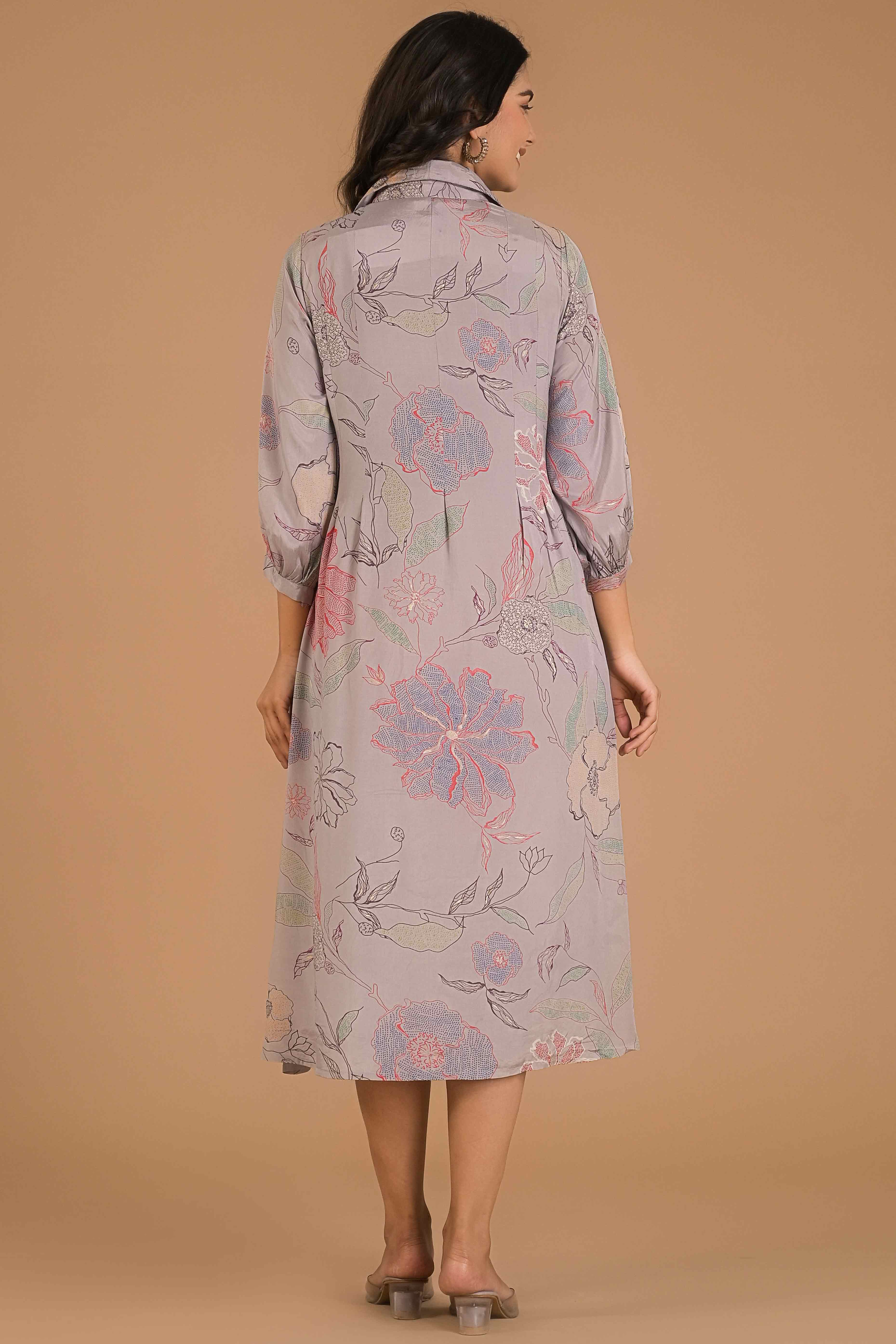 Light Purple Floral Printed Muslin A-Line Dress - Image 4