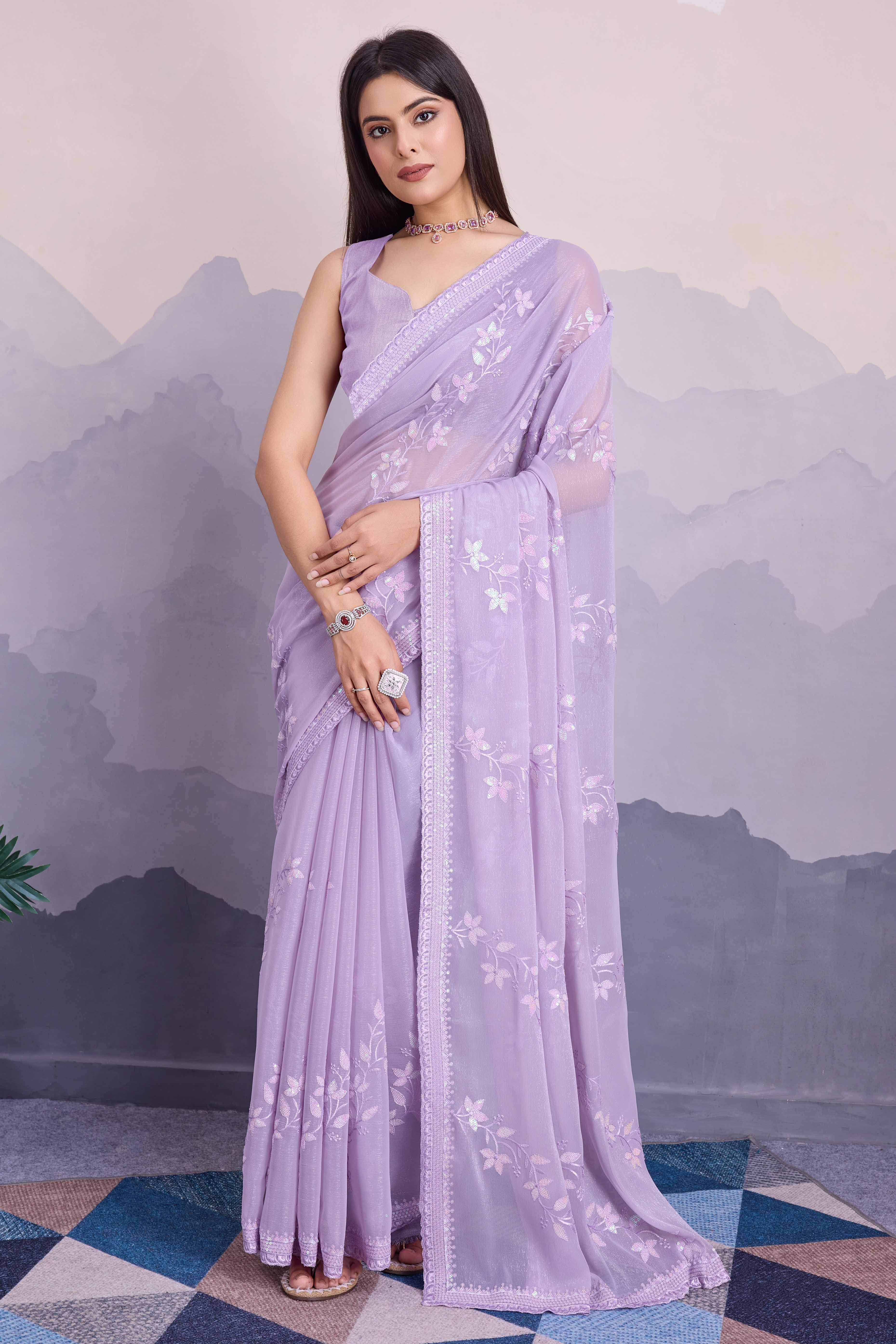 Light Purple Floral Sequins Embroidered Chiffon Saree - Image 4
