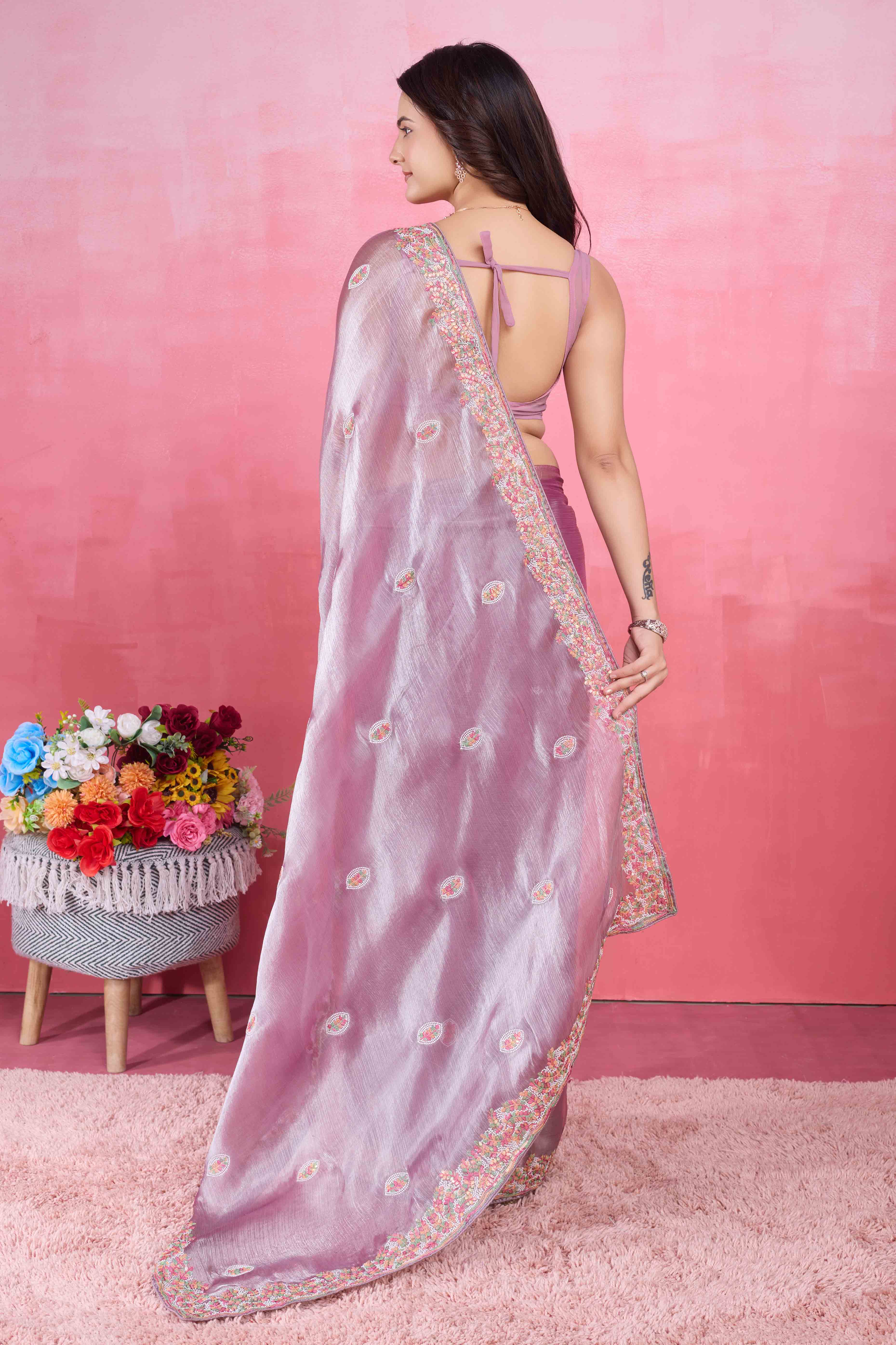 Light Purple Floral Sequins Embroidered Mulberry Silk Saree - Image 3