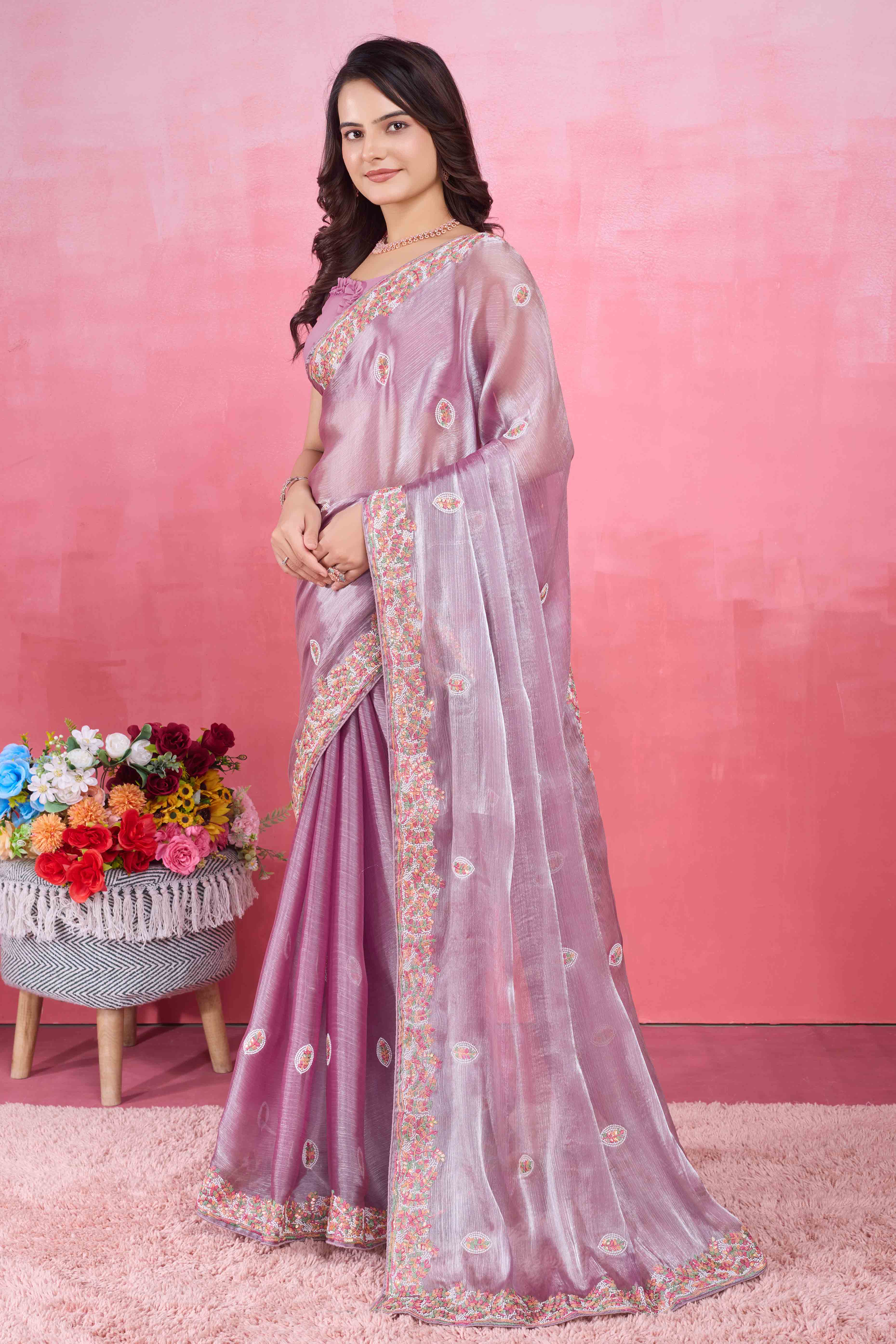 Light Purple Floral Sequins Embroidered Mulberry Silk Saree - Image 4