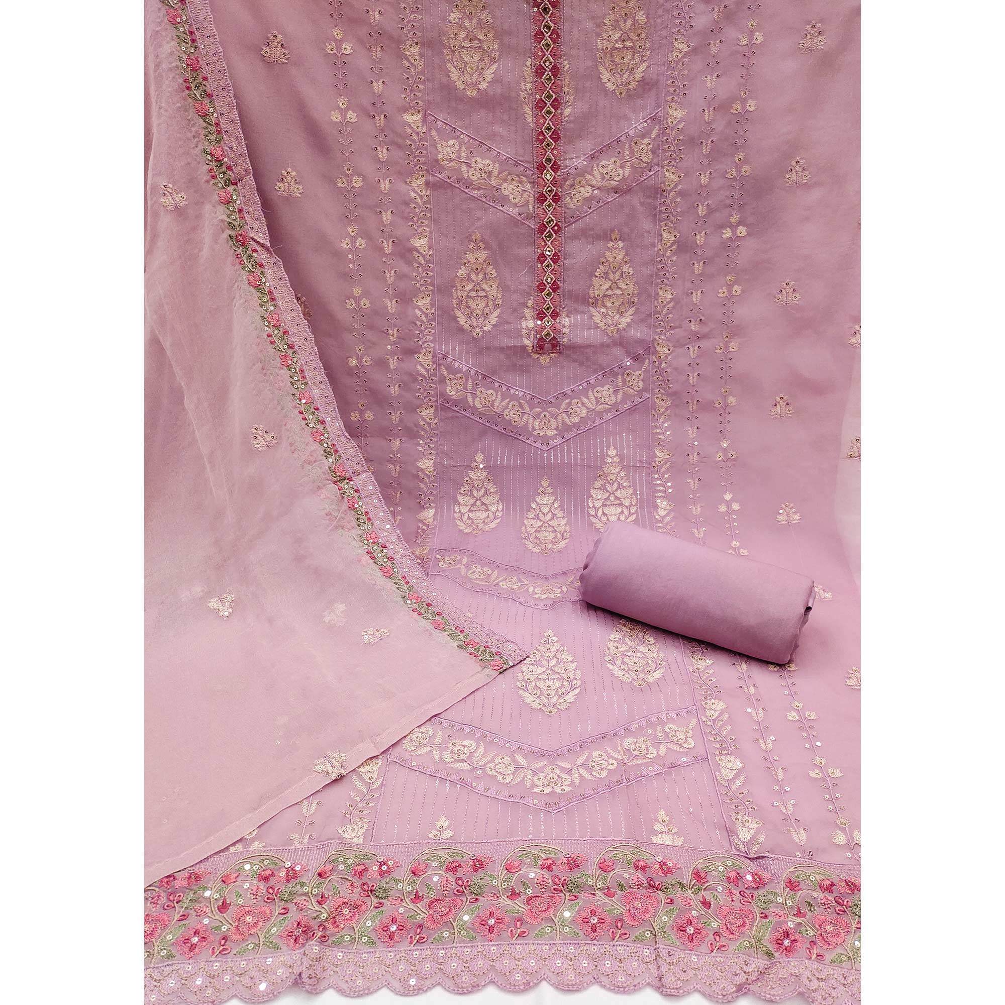 Light Purple Floral Sequins Embroidered Organza Dress Material - Image 3