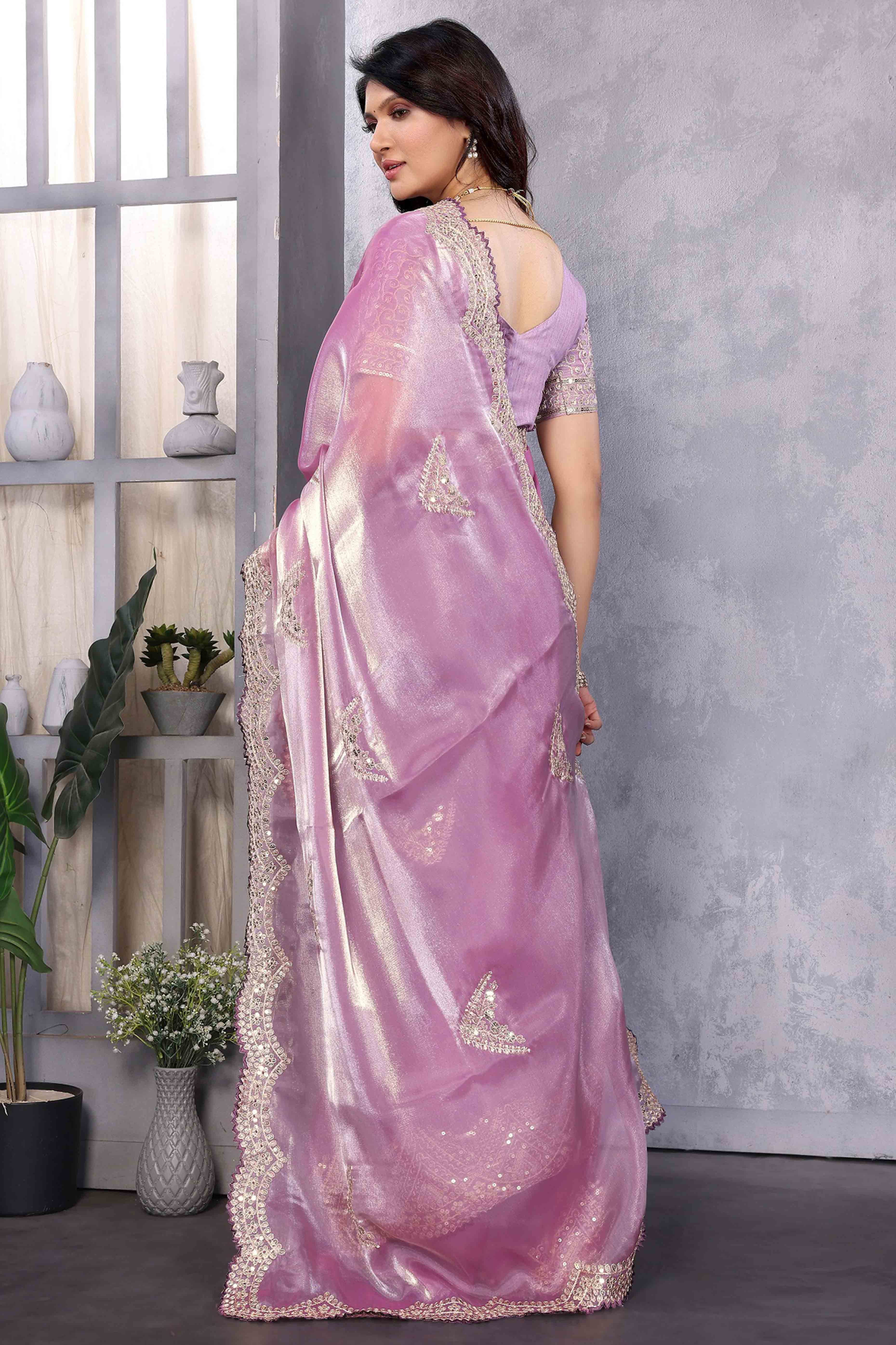 Light Purple Floral Sequins Embroidered Shimmer Chiffon Saree - Image 5