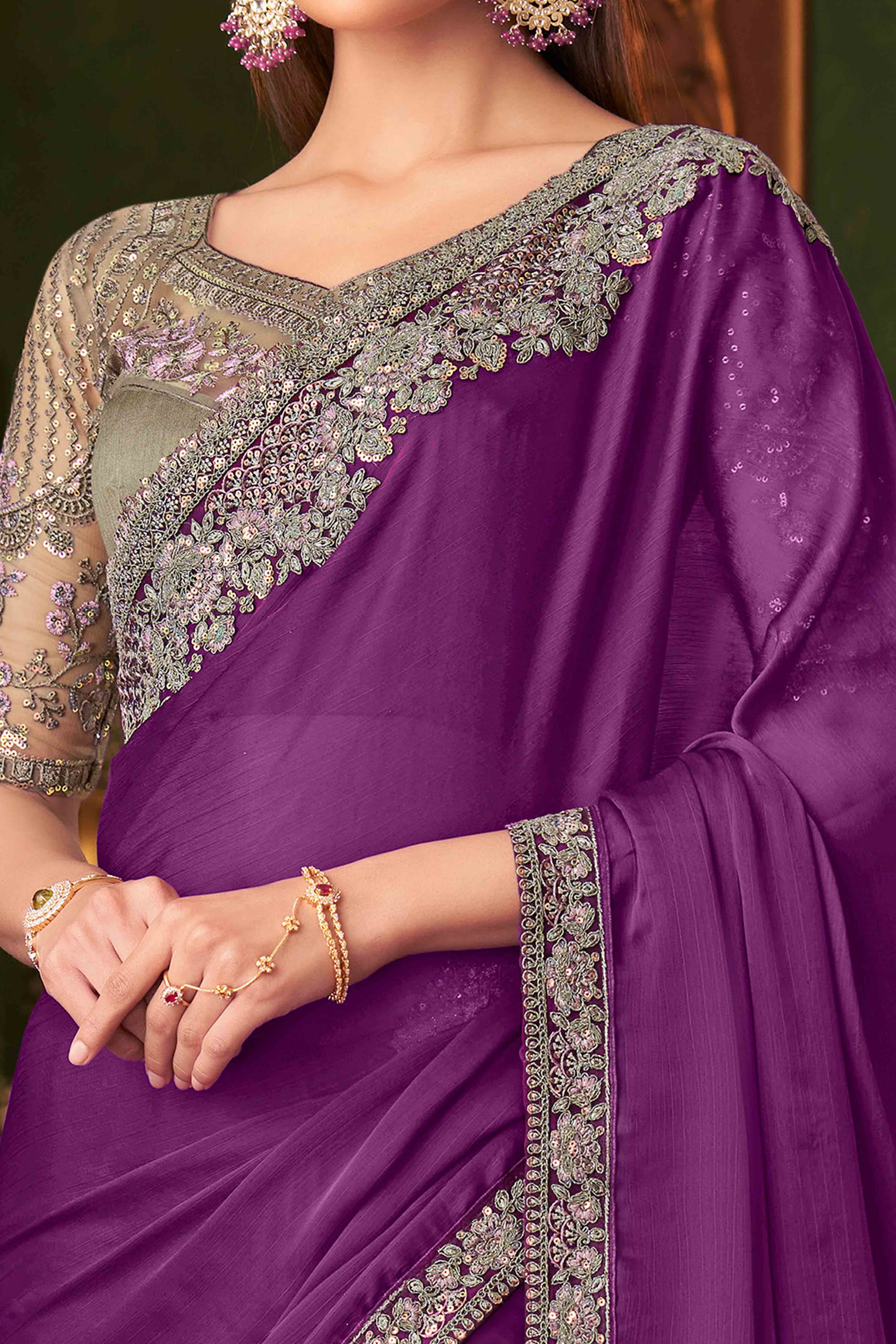 Purple Sequins Embroidered Chiffon Saree - Image 2