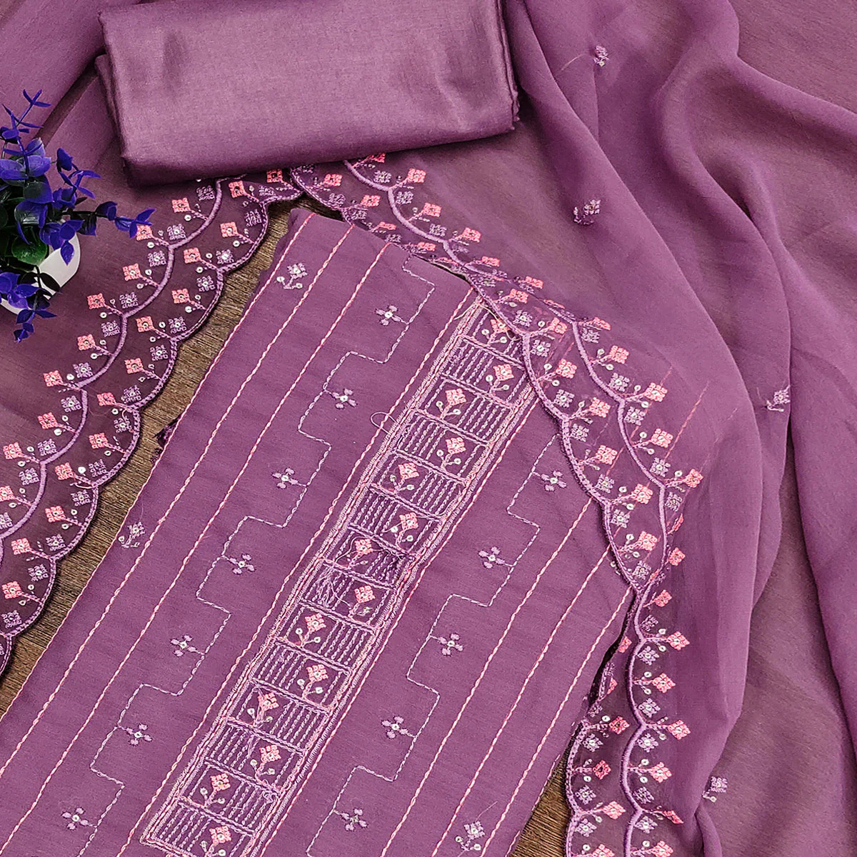 Light Purple Sequins Embroidered Georgette Dress Material - Image 2