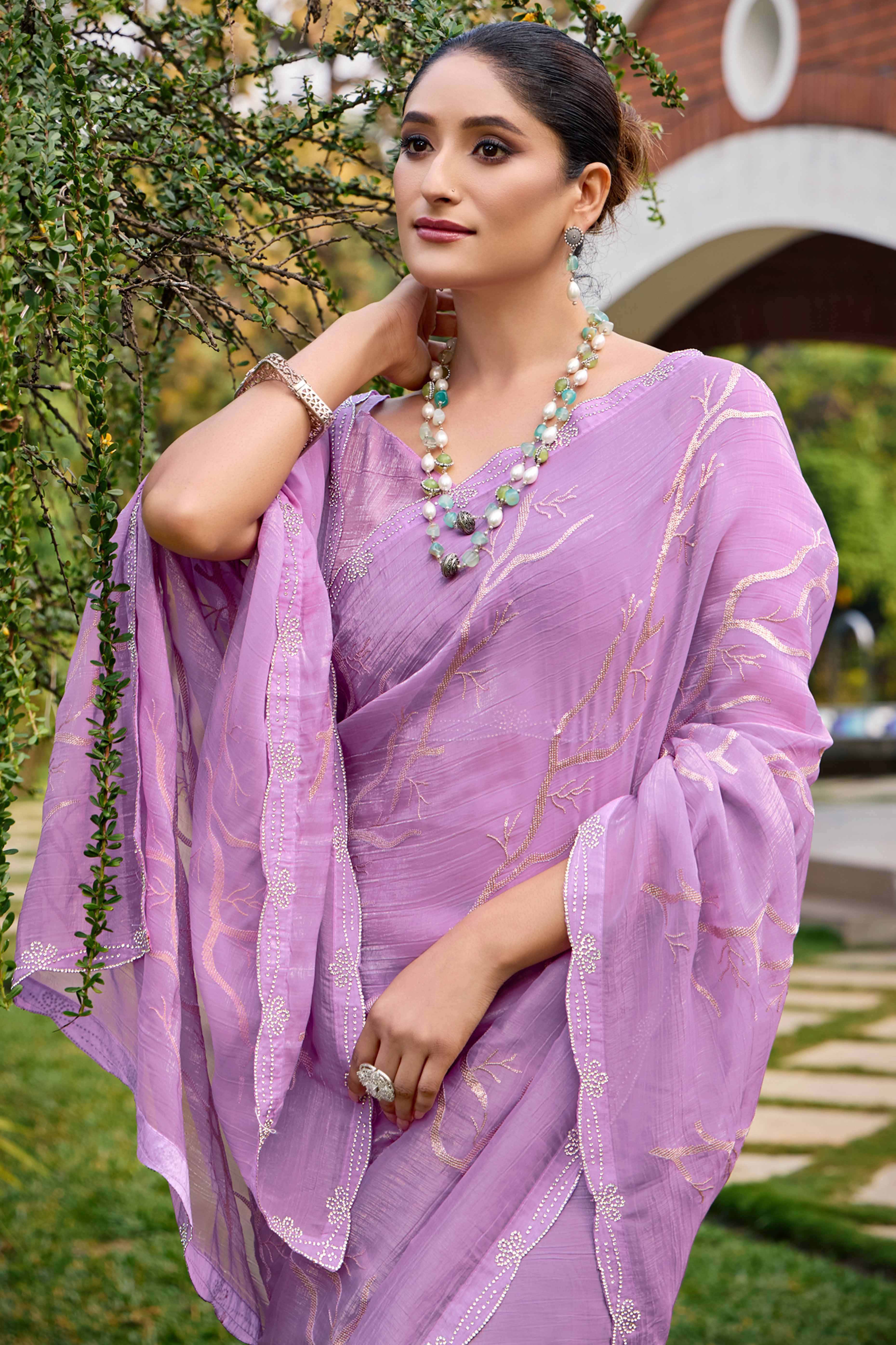 Light Purple Sequins With Zarkan Work Chiffon Saree - Image 3
