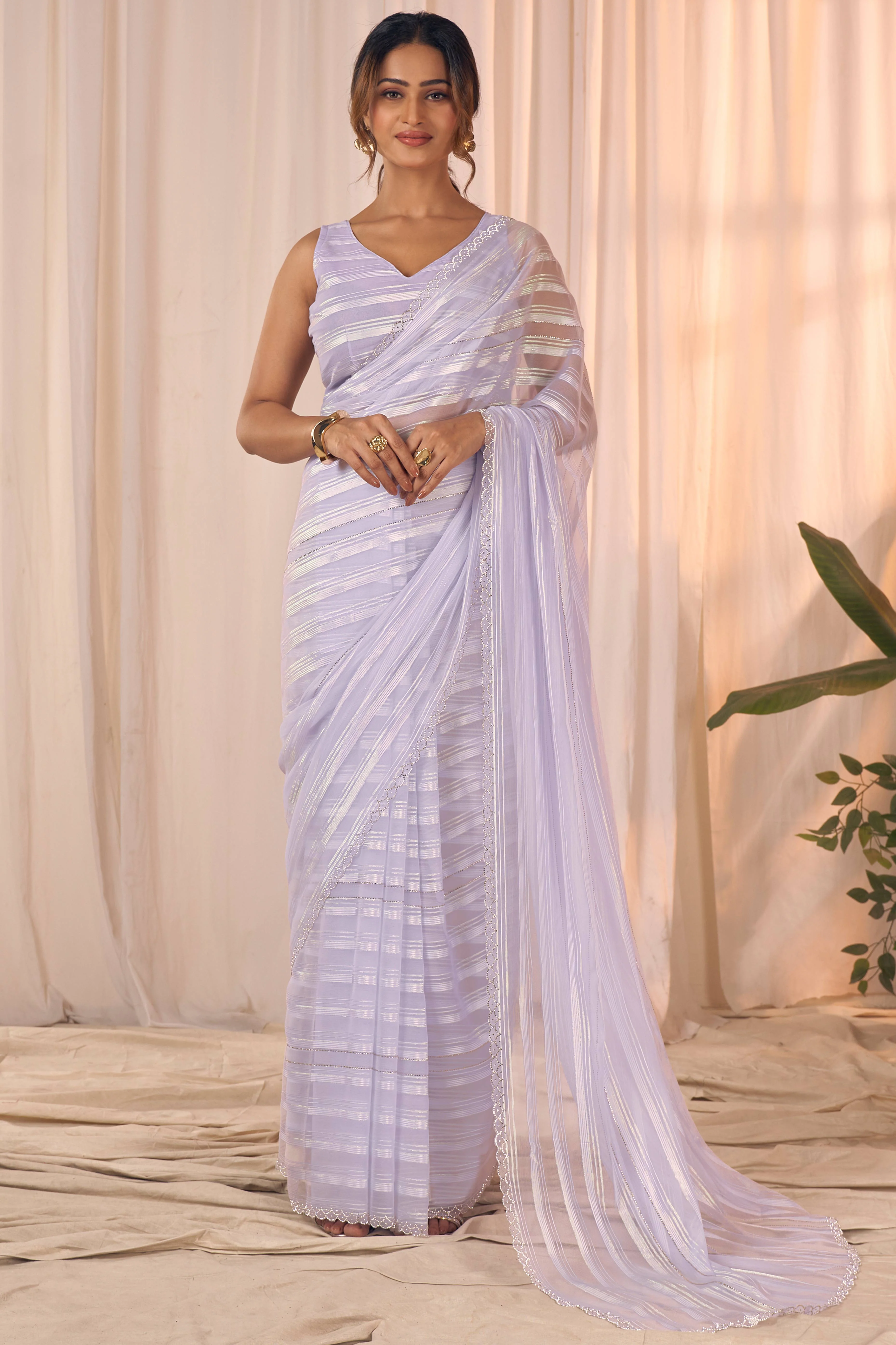 Light Purple Striped Georgette Saree With Sparkling Zarkan Work & An Elegant Cutwork Border - Image 4