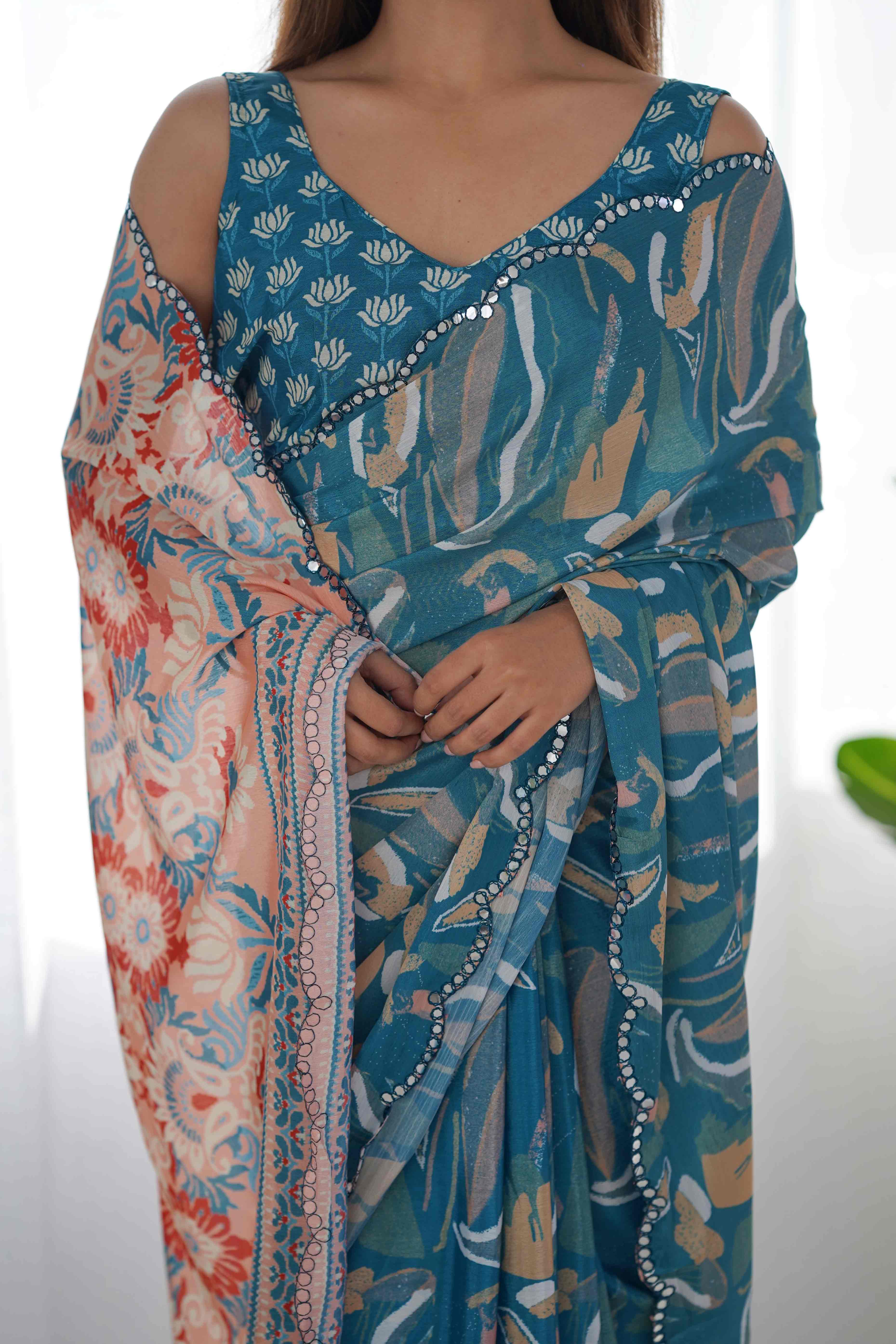 Light Teal Floral Printed Chinon Saree - Image 2