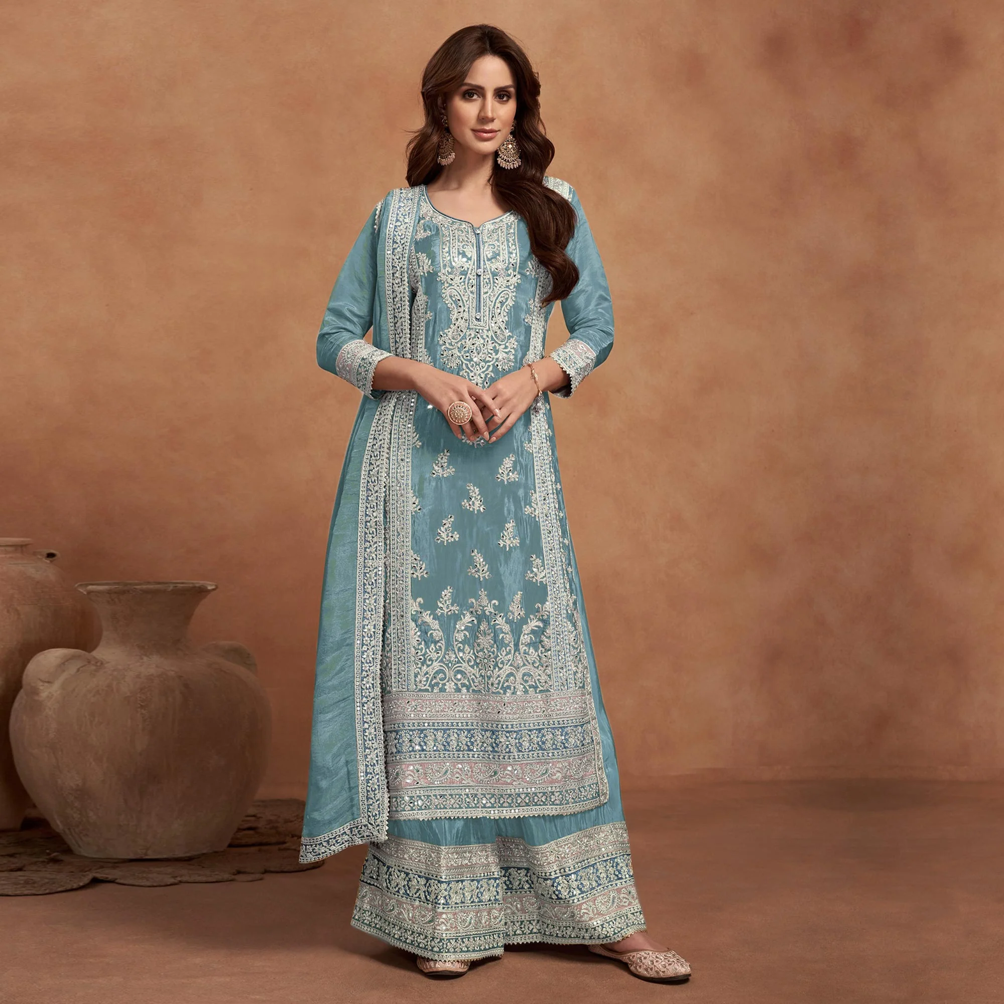 Light Teal Floral Sequins Embroidered Vichitra Silk Semi Stitched Palazzo Suit - Image 2