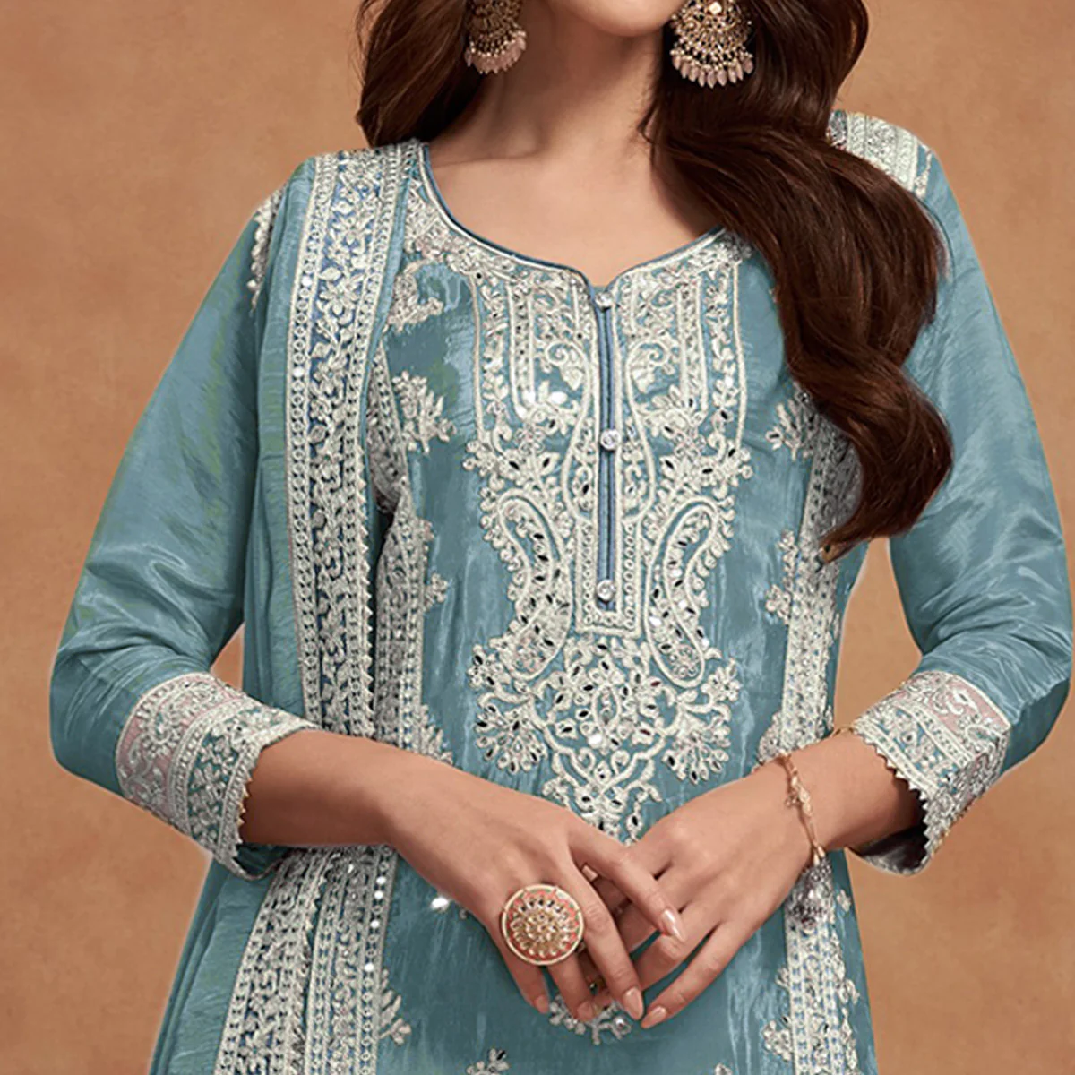 Light Teal Floral Sequins Embroidered Vichitra Silk Semi Stitched Palazzo Suit - Image 3