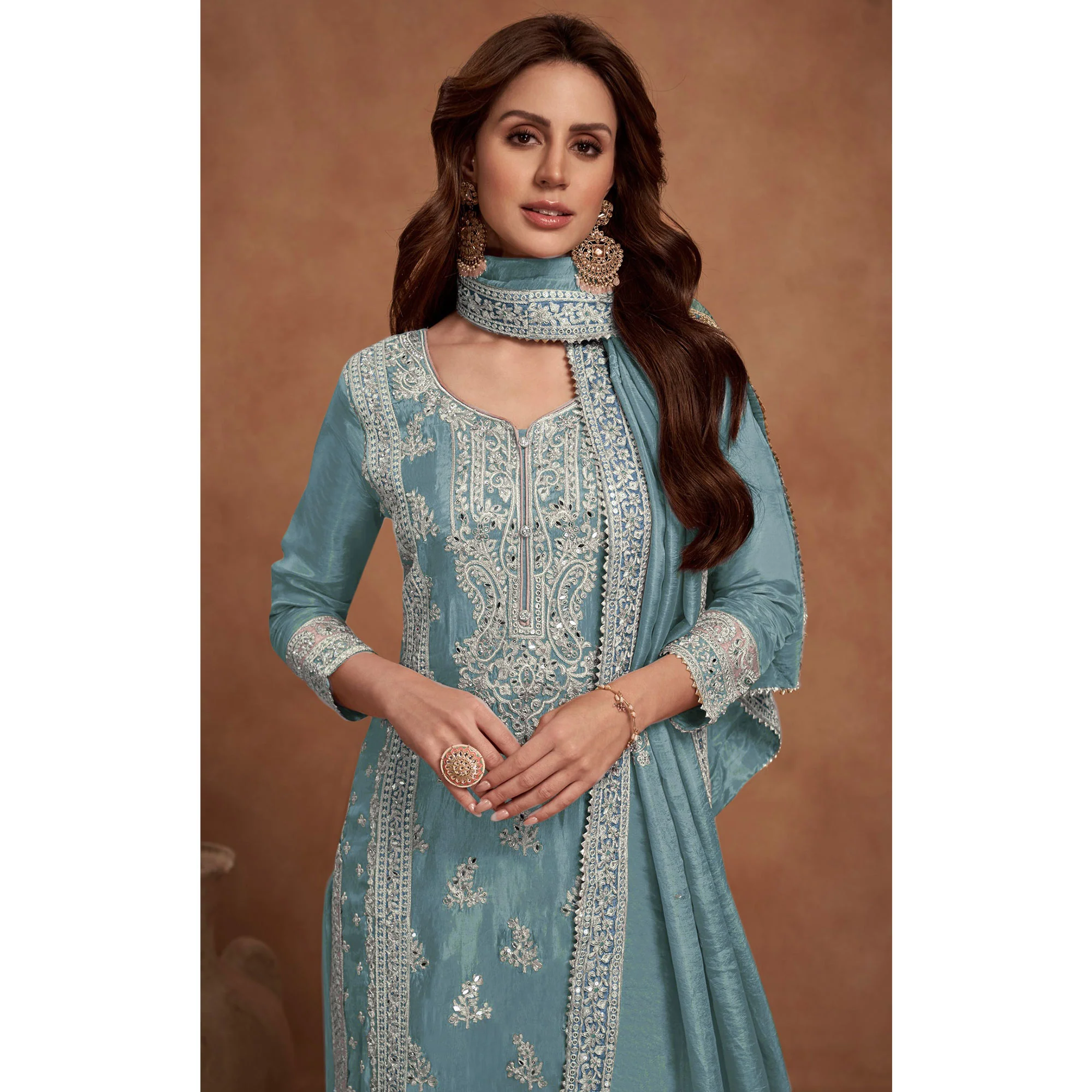 Light Teal Floral Sequins Embroidered Vichitra Silk Semi Stitched Palazzo Suit - Image 4